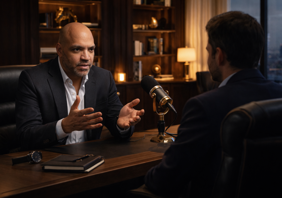 Orlando engaged in a private coaching conversation during a podcast recording in an office with warm lighting and wooden shelves in the background.