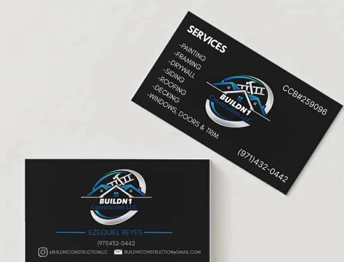 Business cards for BuildN1 Construction LLC, featuring services like painting, framing, drywall, siding, roofing, decking, windows, doors, and trim. The cards display logos, phone numbers, and social media information.
