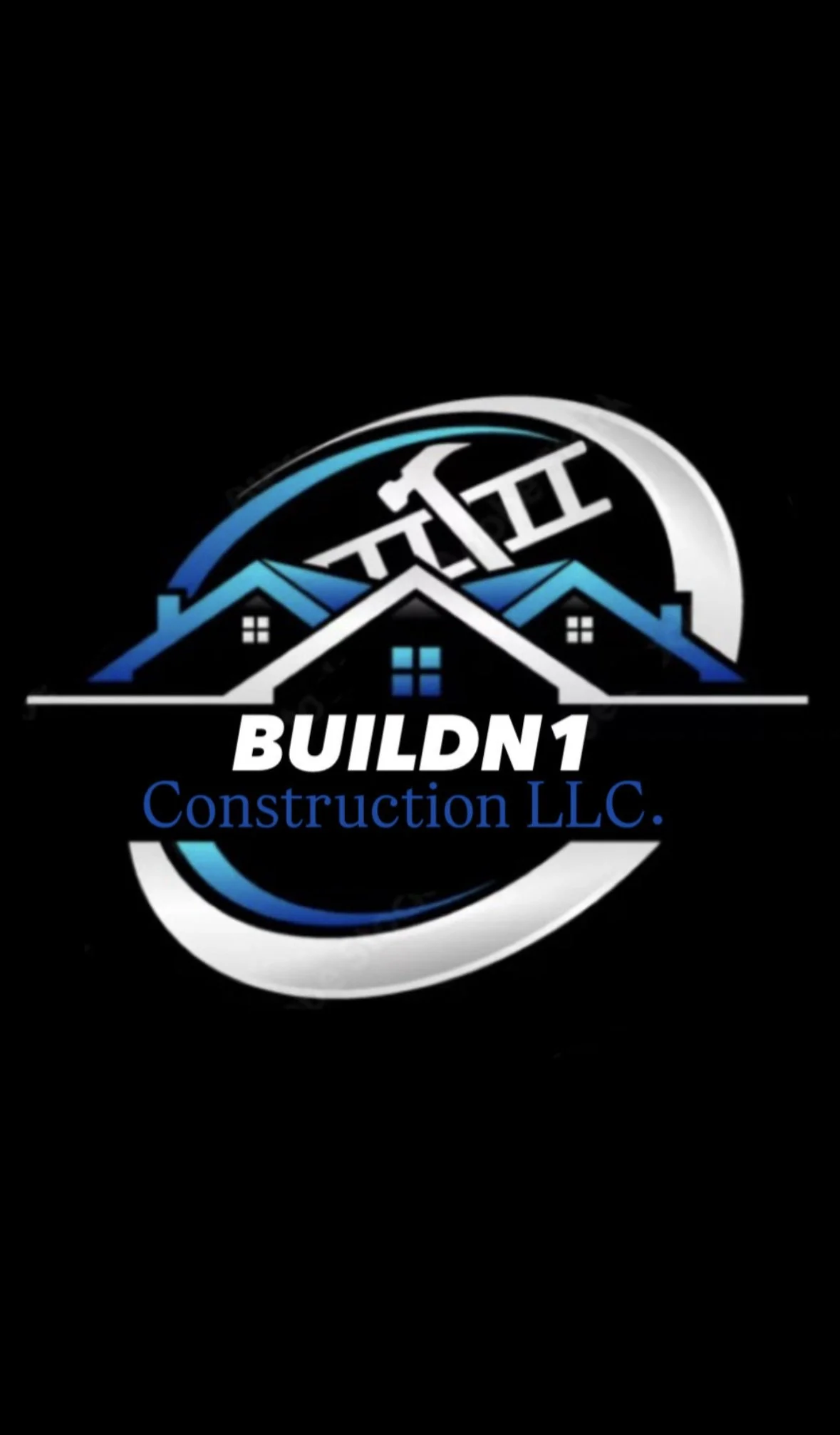 Logo for BUILDN1 Construction LLC with stylized house and roof, and the company name in bold and blue text.