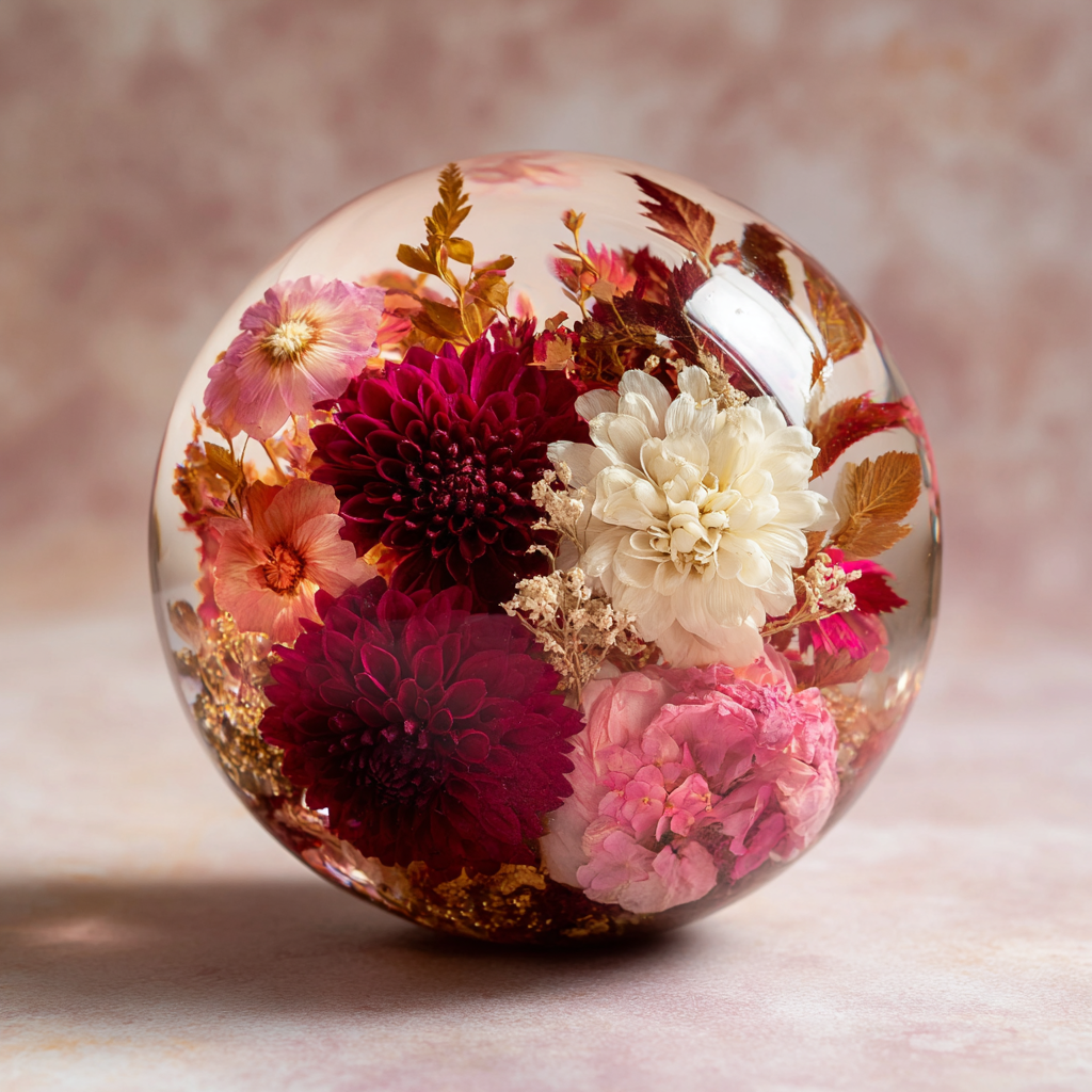 Wedding bouquet preservation - A glass sphere containing pink, white, and burgundy flowers with leaves, placed on a soft, light-colored surface.