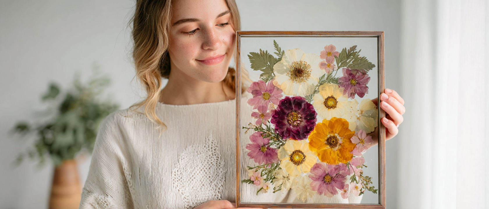 Wedding Bouquet Preservation - A woman holding a framed pressed flower art piece with colorful flower arrangements inside, smiling softly.