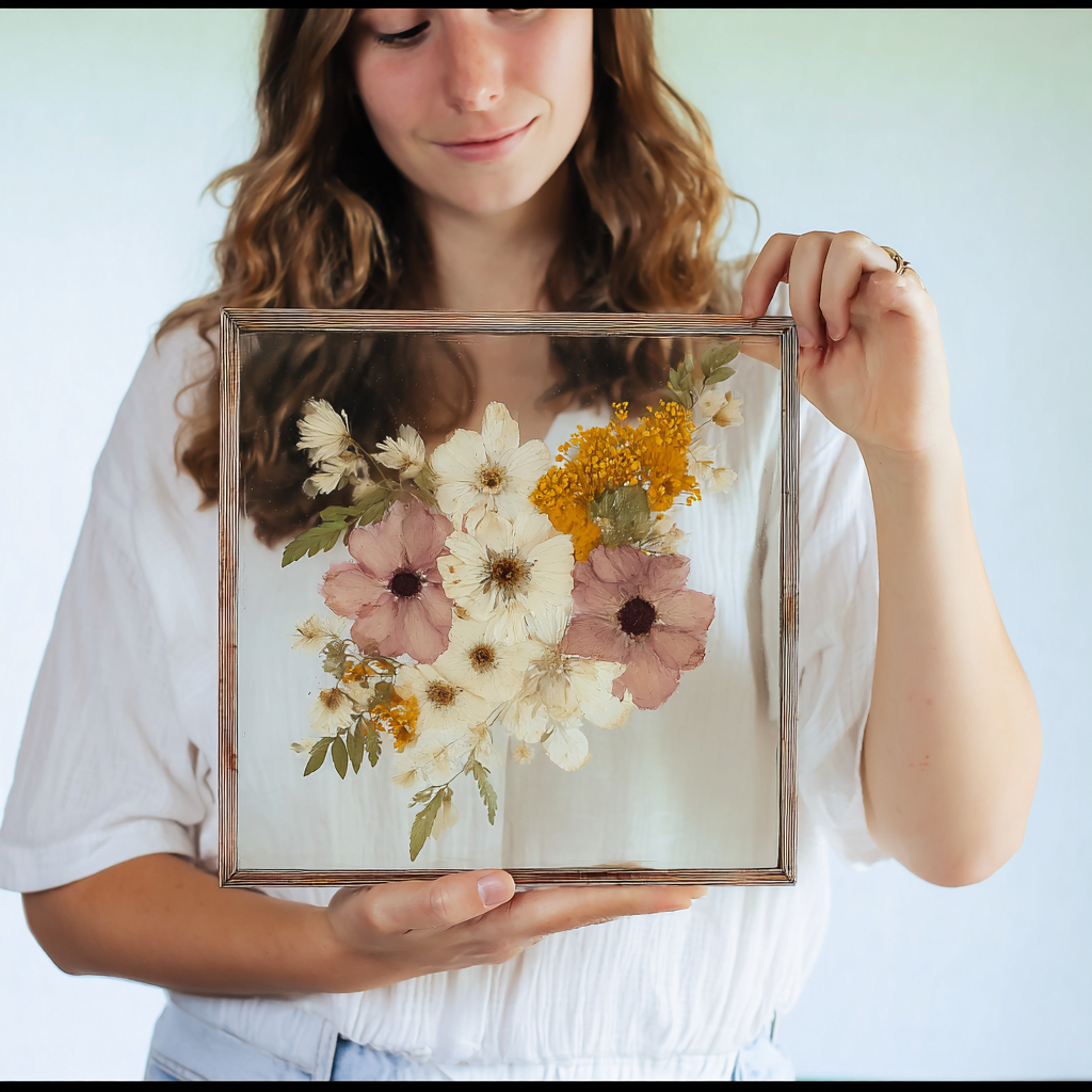 Wedding Bouquet Preservation - A woman with wavy brown hair holding a glass frame with pressed flowers inside, including white, pink, and yellow flowers and green leaves.