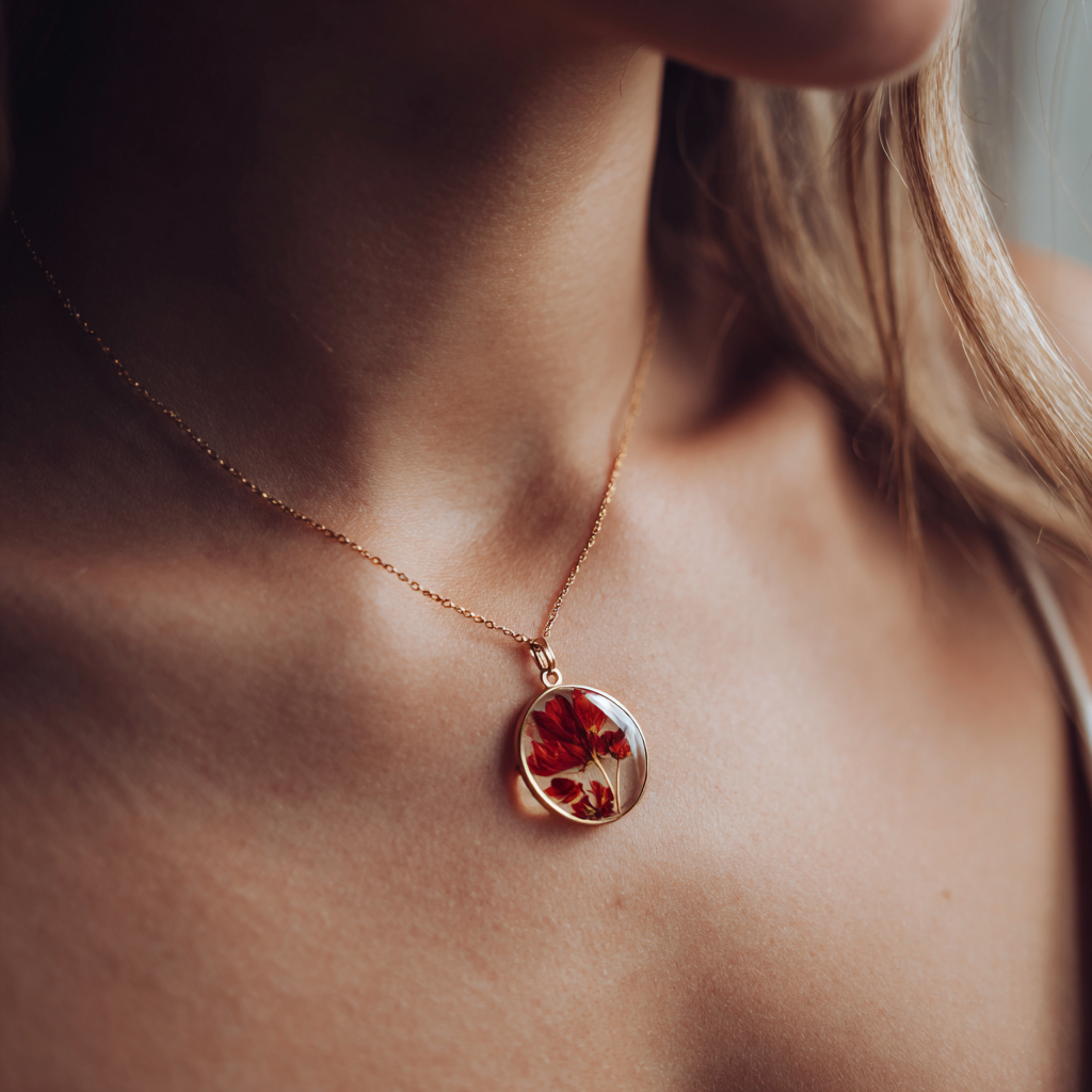Custom Flower Jewelry small red flower in gold necklace wedding bouquet preservation.png