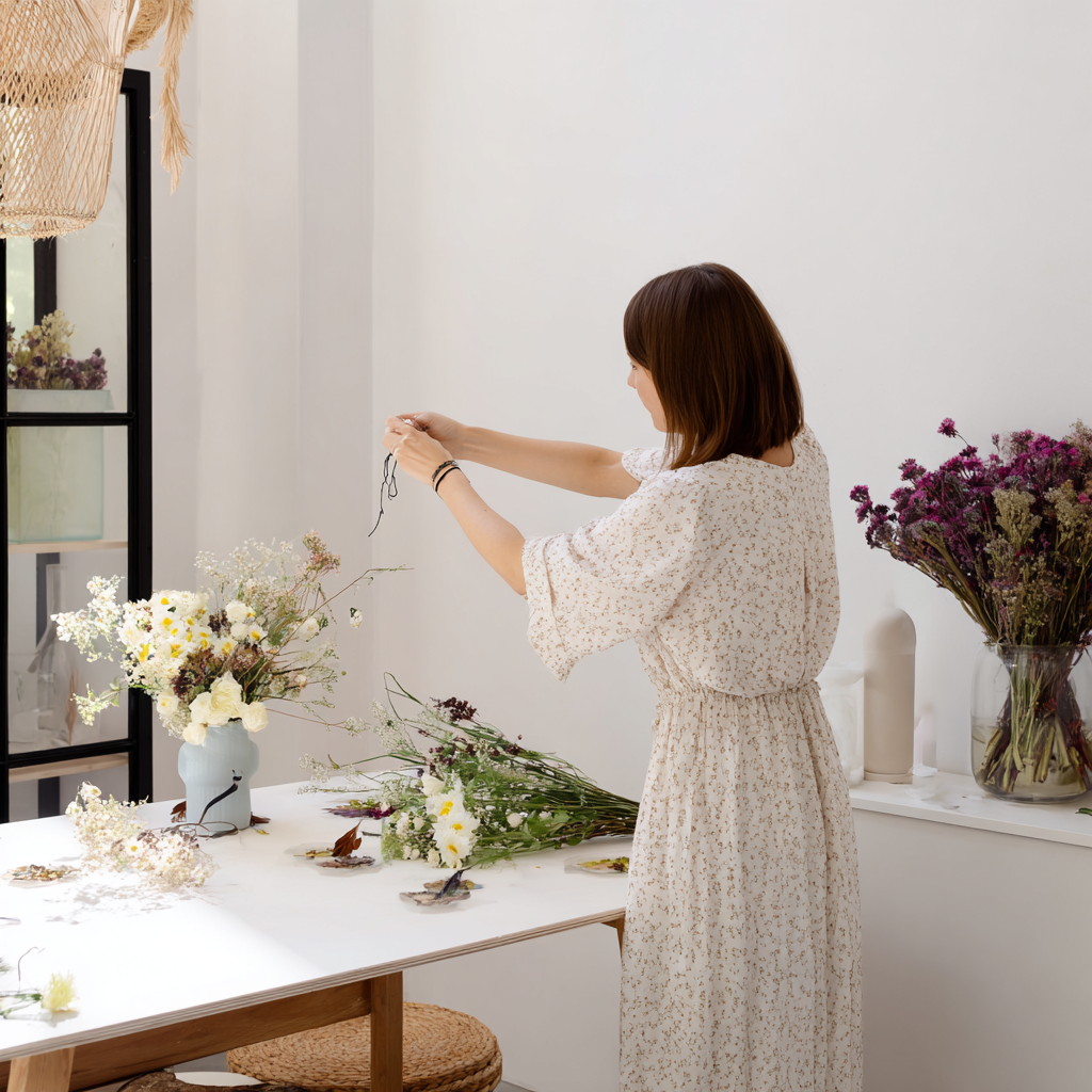 Custom Flower Preservation. A woman arranging flowers at a table with various flowers and bouquets, in a bright, minimalistic room.