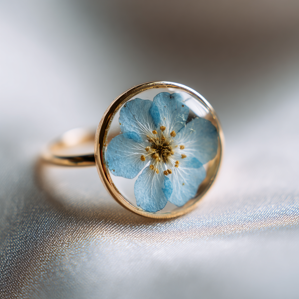 Custom flower Jewelry in Washington D.C. Gold ring with a clear glass dome containing a blue pressed flower, resting on a shimmering fabric surface.