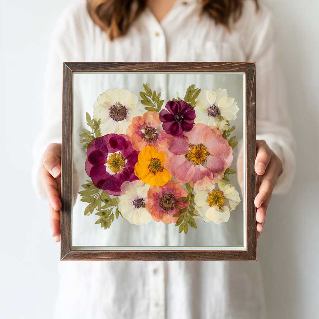 Custom flower preservation - Person holding a glass frame with pressed colorful flowers and green leaves inside.