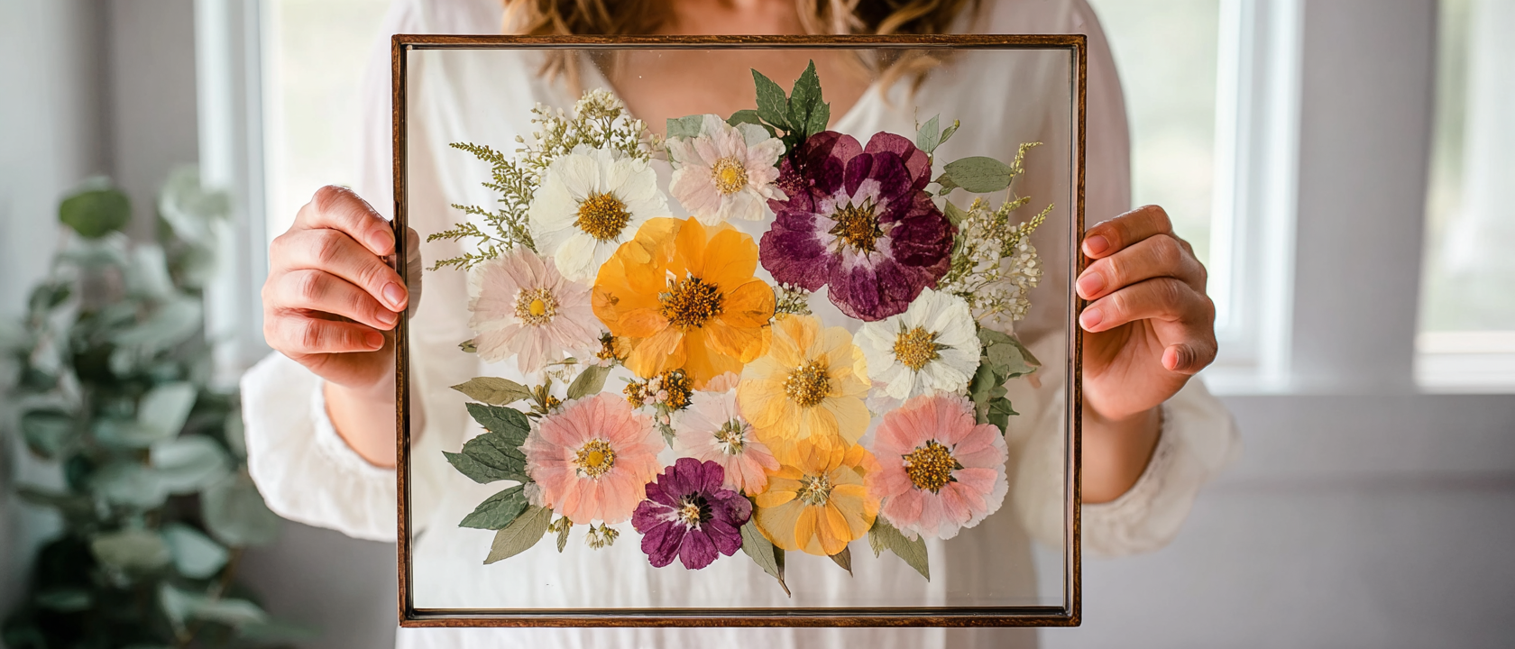 Pressed and framed wedding bouquet preservation - Person holding a glass frame with pressed colorful flowers inside, including white, pink, yellow, and purple blossoms, in a bright room with windows and green plants in the background.