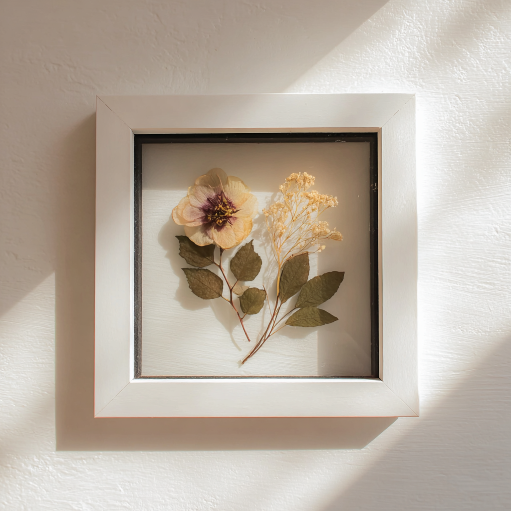 Custom Pressed Flower Frames - Framed pressed flower and foliage art on a white wall with sunlight casting shadow.
