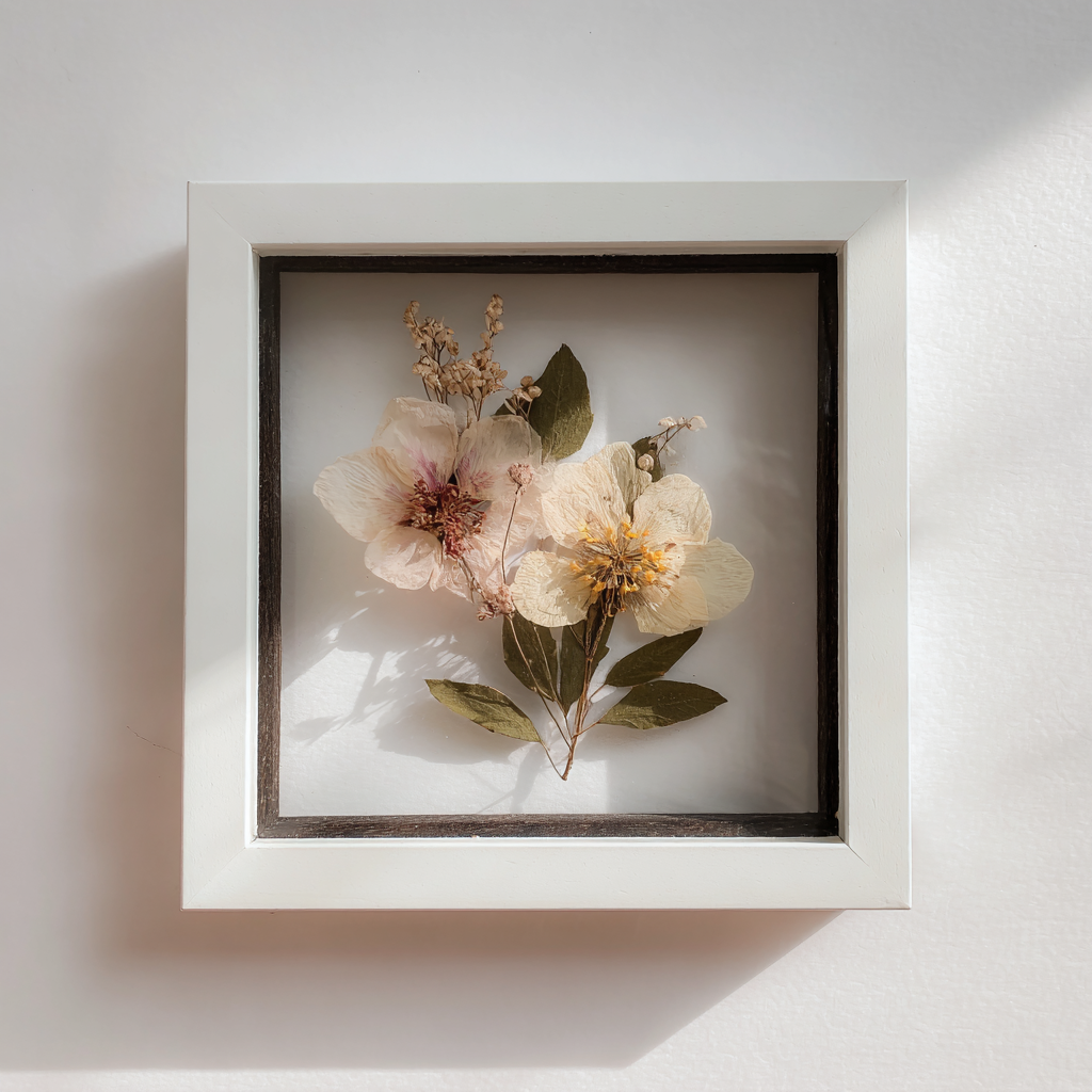 Custom Pressed Flower Frames  - Pressed flowers and leaves displayed inside a white shadow box frame