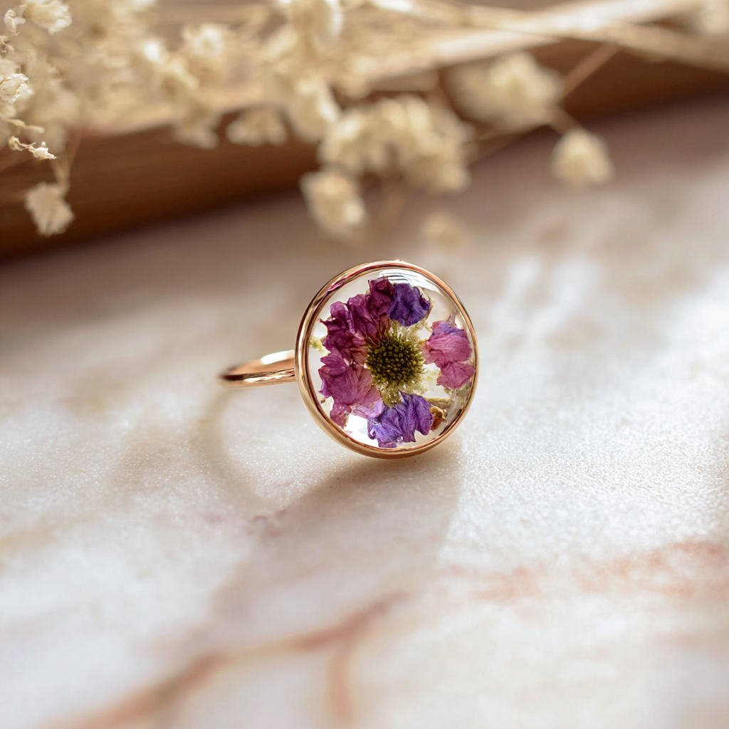 Custom Resin Flower Preservation - A gold ring with a round bezel containing dried purple and pink flowers, placed on a marble surface with dried white flowers and wooden background.
