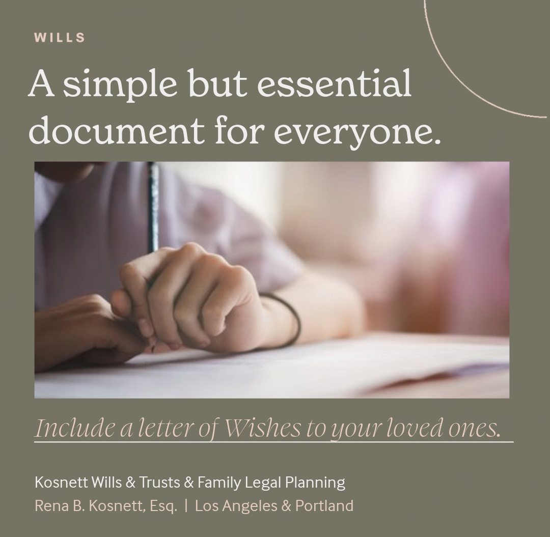 Showing a lady writing a letter of wishes with a black pencil. The background is an olive green and reads: Wills is at the top in a corral color and below in cream decorative font it reads on two lines in 24 font: A simple but essential document...