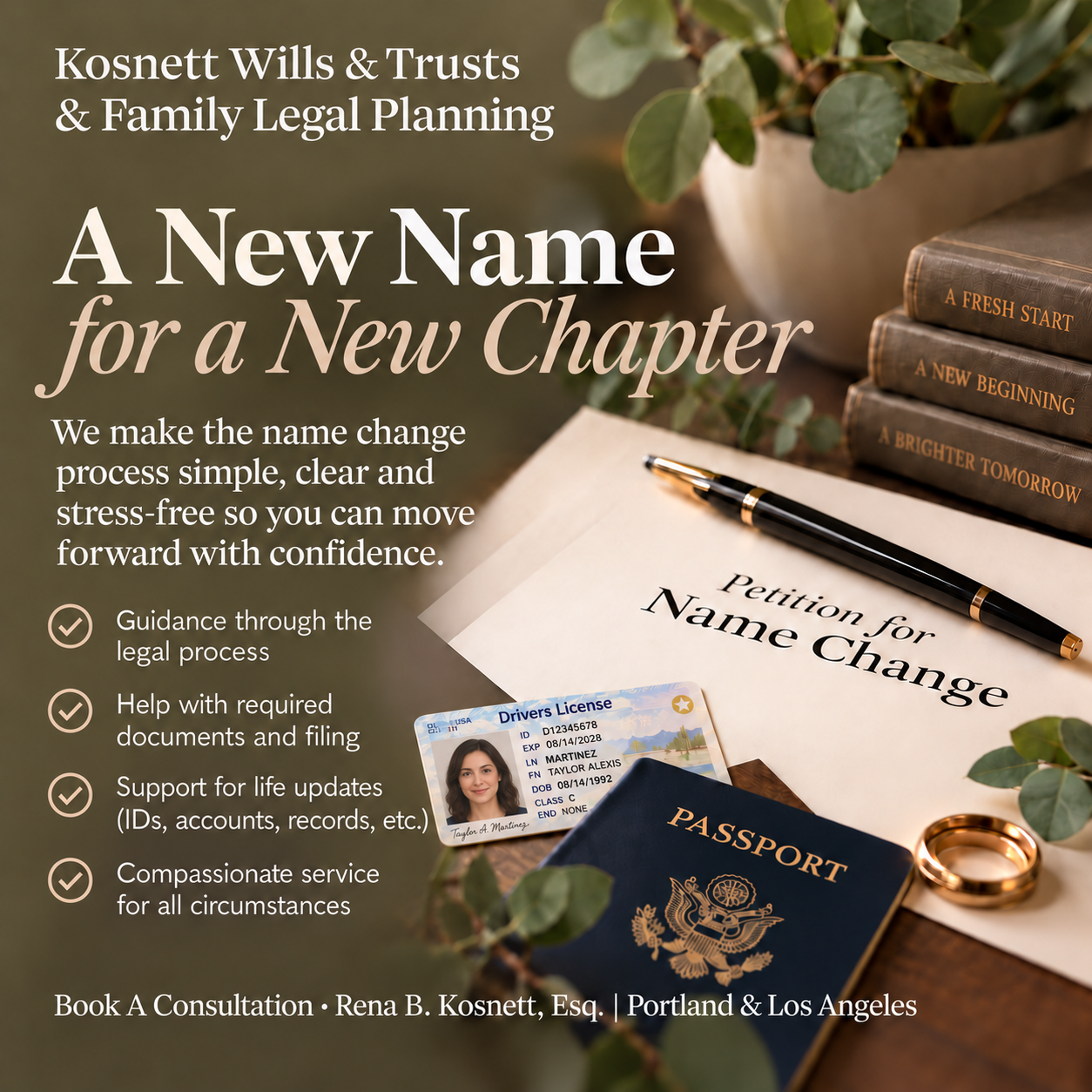Showing a drivers license, passport and card that read Petition for Name Change