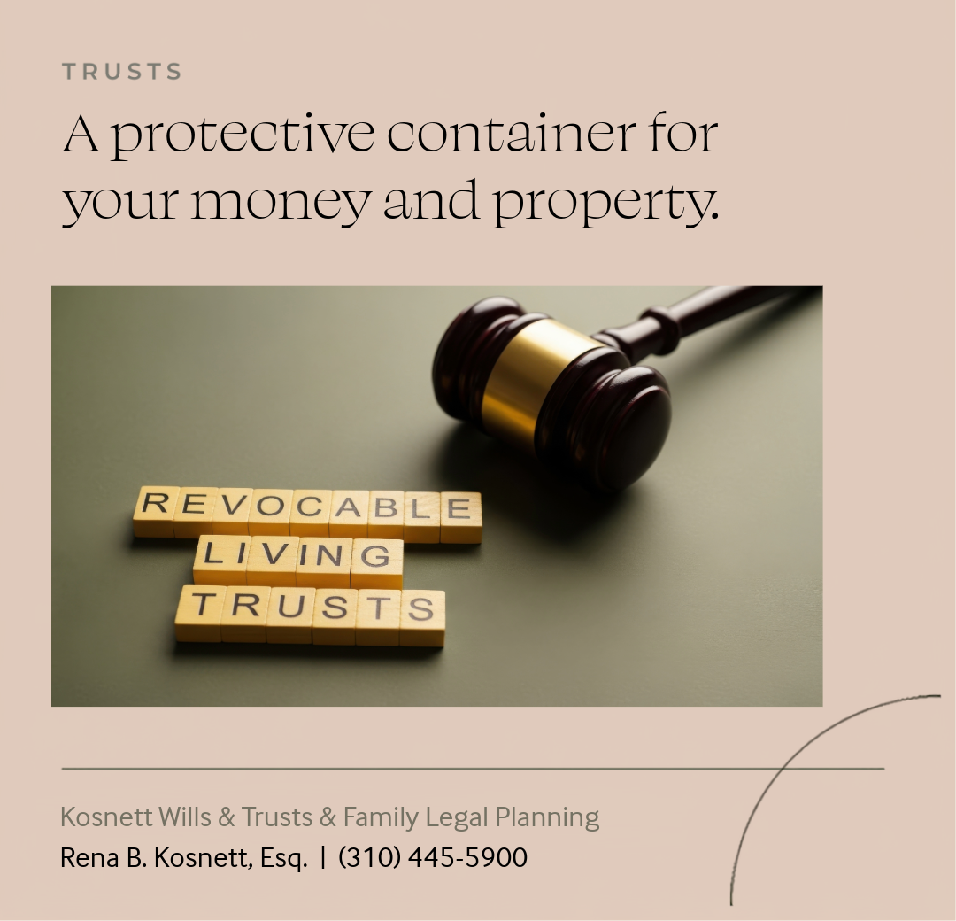 Showing a coral color background. At the top it reads in light gray in14 font caps: TRUSTS. Below that line on two lines in black decorative 20 font it reads: A protective container for your money and property.