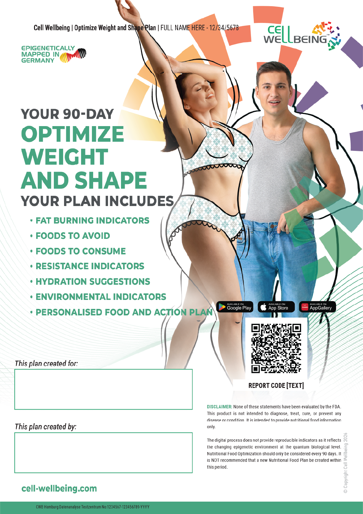 A promotional flyer for a 90-day weight and shape optimization plan from Cell Wellbeing. The flyer features an image of a woman in workout attire stretching and a man in casual clothing. It lists plan features such as fat burning indicators, foods to avoid and consume, resistance indicators, hydration, environmental indicators, and personalized plans. The flyer includes branding, a QR code, and app store icons for mobile download.