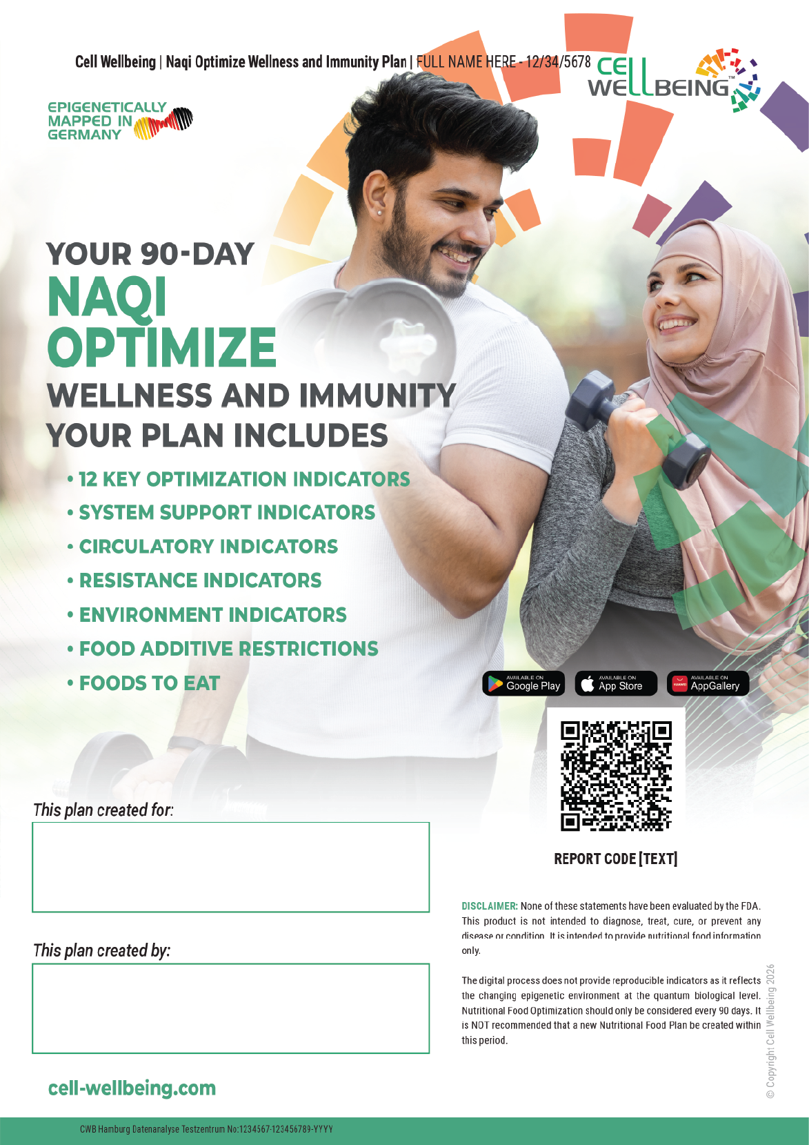 A colorful health and wellness plan flyer featuring a young man and woman with fitness equipment, promoting a 90-day NAQI wellness and immunity program with key indicators and app details.