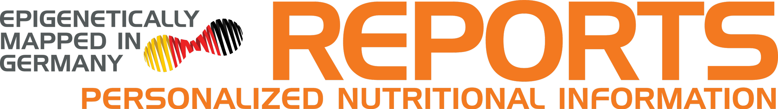 Close-up of a logo with the text 'REPORTS' in large orange letters, with additional smaller orange text underneath saying 'PERSONALIZED NUTRITIONAL INFORMATION.' There is also a graphic element resembling a DNA helix in red, yellow, and black, and smaller text in gray and blue.