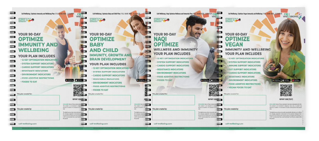 Four spiral-bound booklets about health and wellness plans, each with a different person smiling on the cover. The titles indicate topics on immunity, baby and child health, and vegan diet optimization.