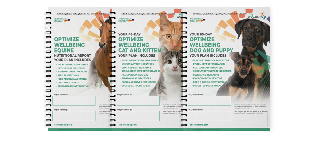 Three Cell Wellbeing Epigenetic reports tailored for the animals and pets sector. Each titled with various sections about wellbeing, nutrition, and indicators for equine, cat, and dog health.