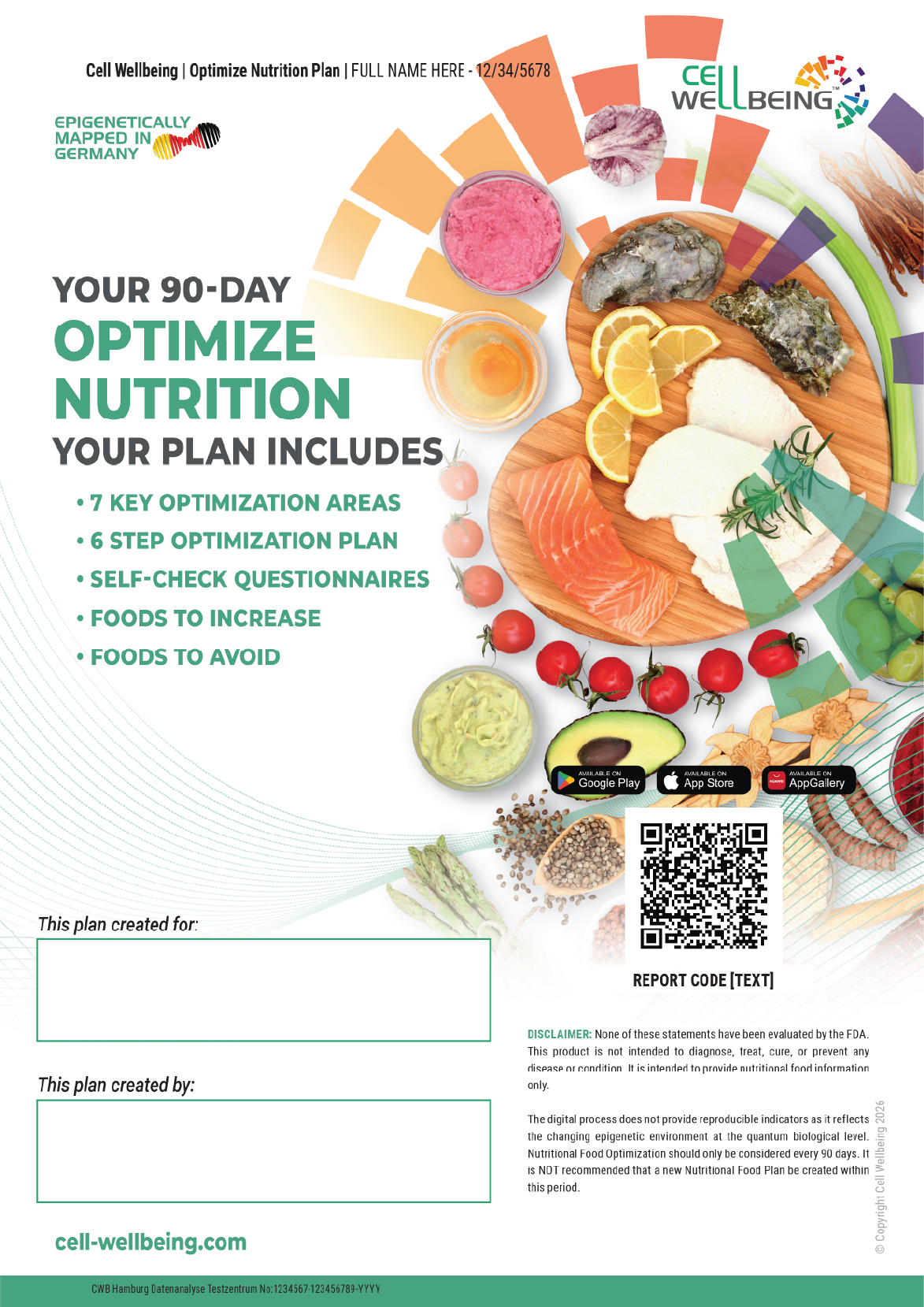 A 90-day nutrition plan infographic featuring various foods such as salmon, eggs, chicken, vegetables, and supplements, with text highlighting key points like optimization areas, step plans, and foods to increase or avoid.