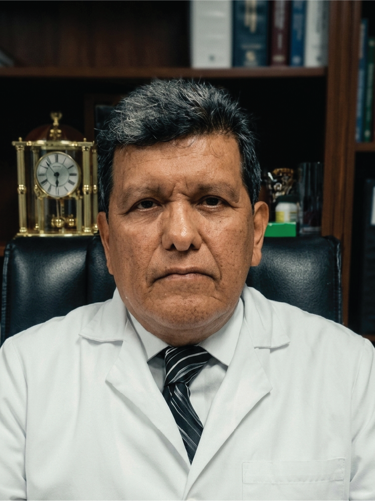 Dr Donato Méndez Segura in a white lab coat and striped tie, sitting in an office with wooden bookshelves and a gold clock behind him.
