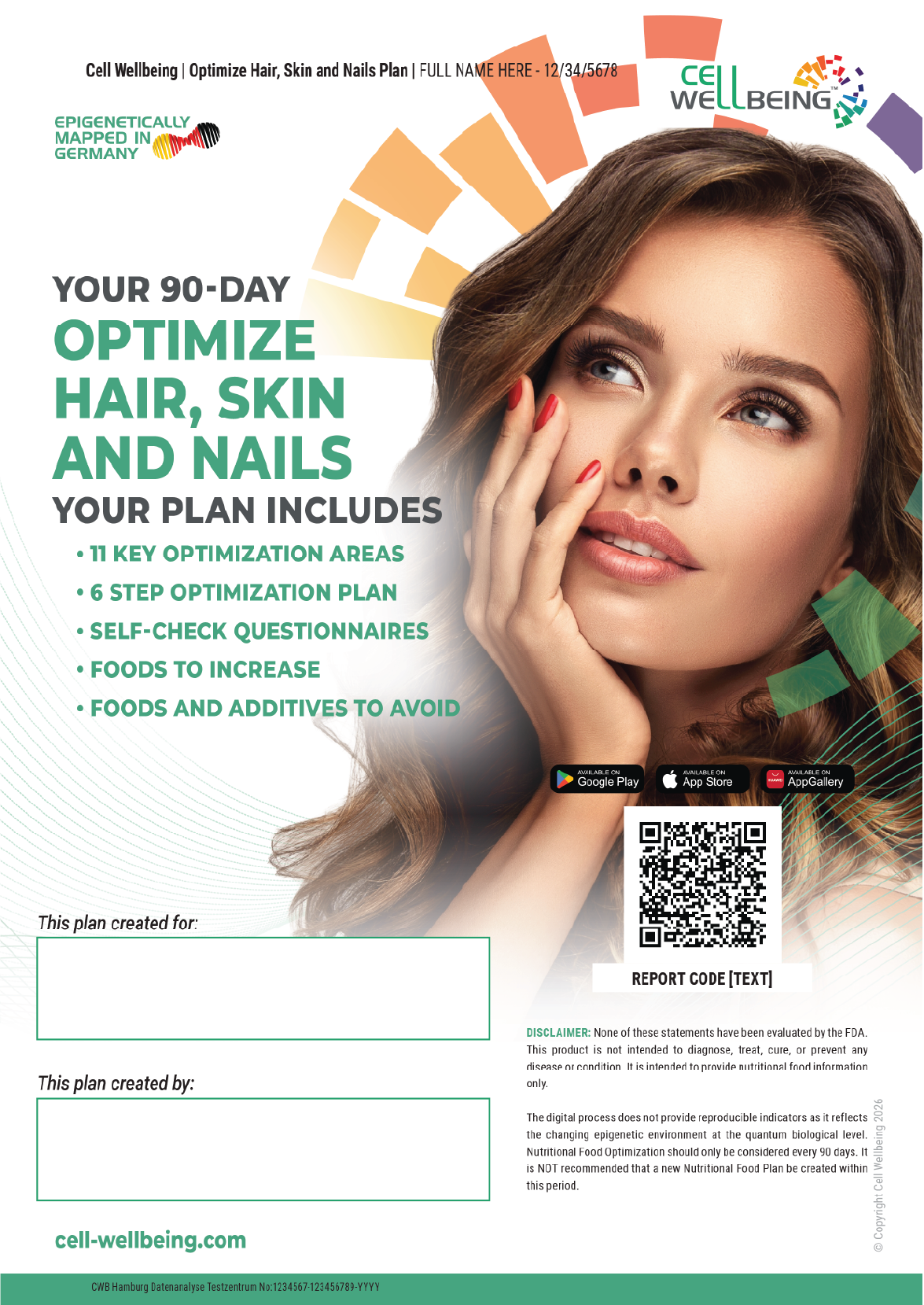 A promotional poster for a 90-day plan to optimize hair, skin, and nails. The poster features a woman with long, wavy brown hair, and provides details about key areas of optimization, including a list of topics and app download options. The poster has various colorful design elements, a QR code, and sponsor logos.