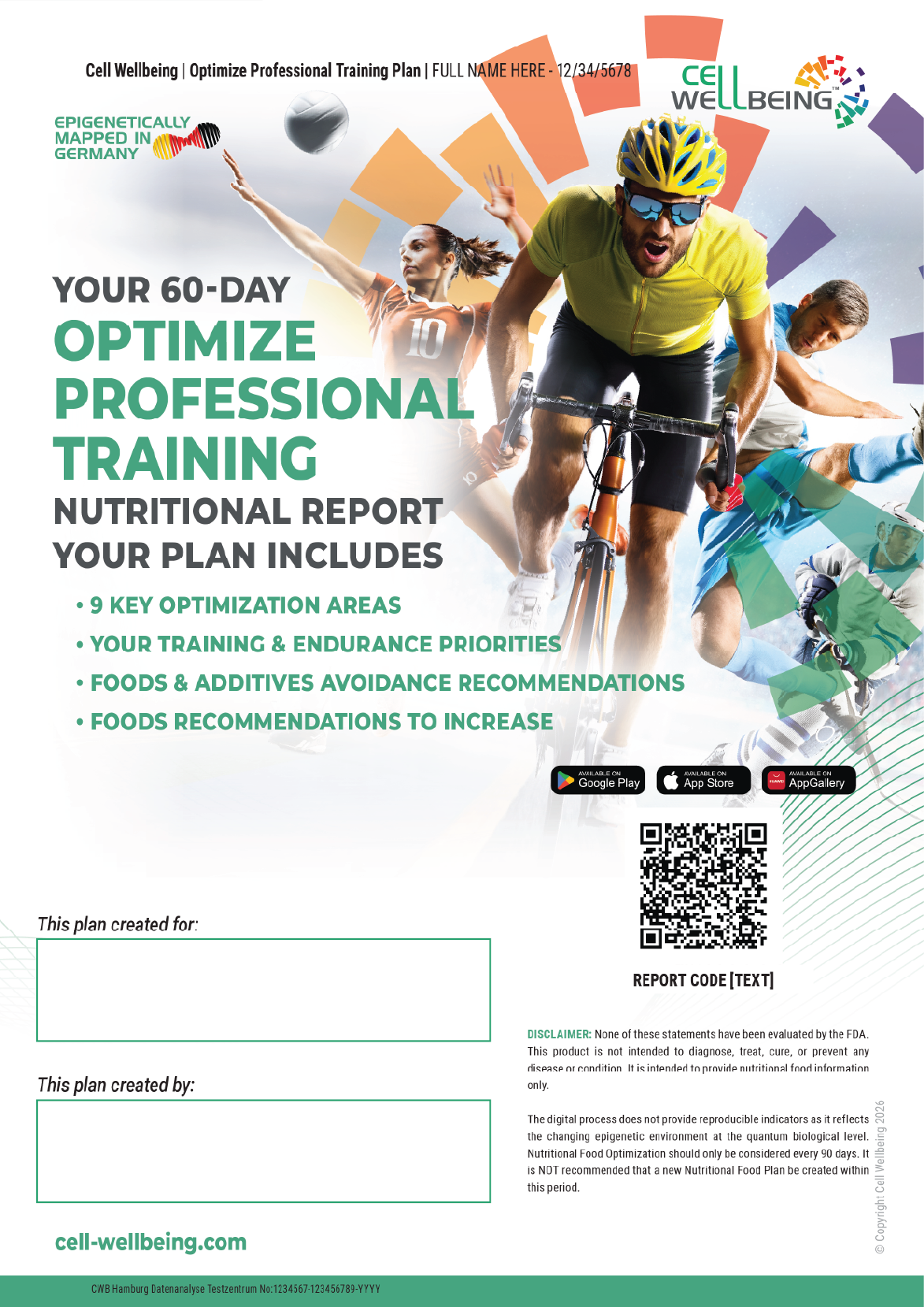 Fitness promotional poster featuring athletes riding bikes and running, with colorful geometric design elements, and information about a 60-day professional training plan focused on optimizing nutrition and endurance.