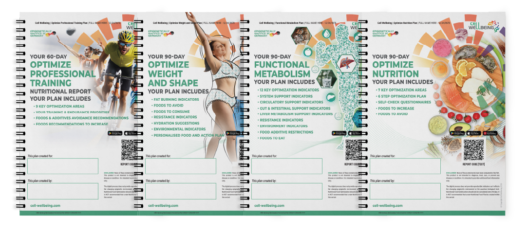 Four Cell Wellbeing Epigenetic Reports tailored for the sports and fitness industry. Featuring one nutritional plan, one elite training plan, one specialist metabolism plan, and a weight and shape plan.