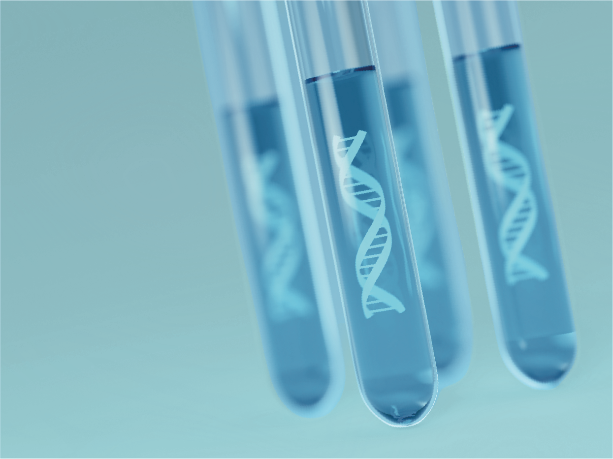 Three test tubes filled with a blue liquid, each featuring a DNA double helix symbol, against a light background.
