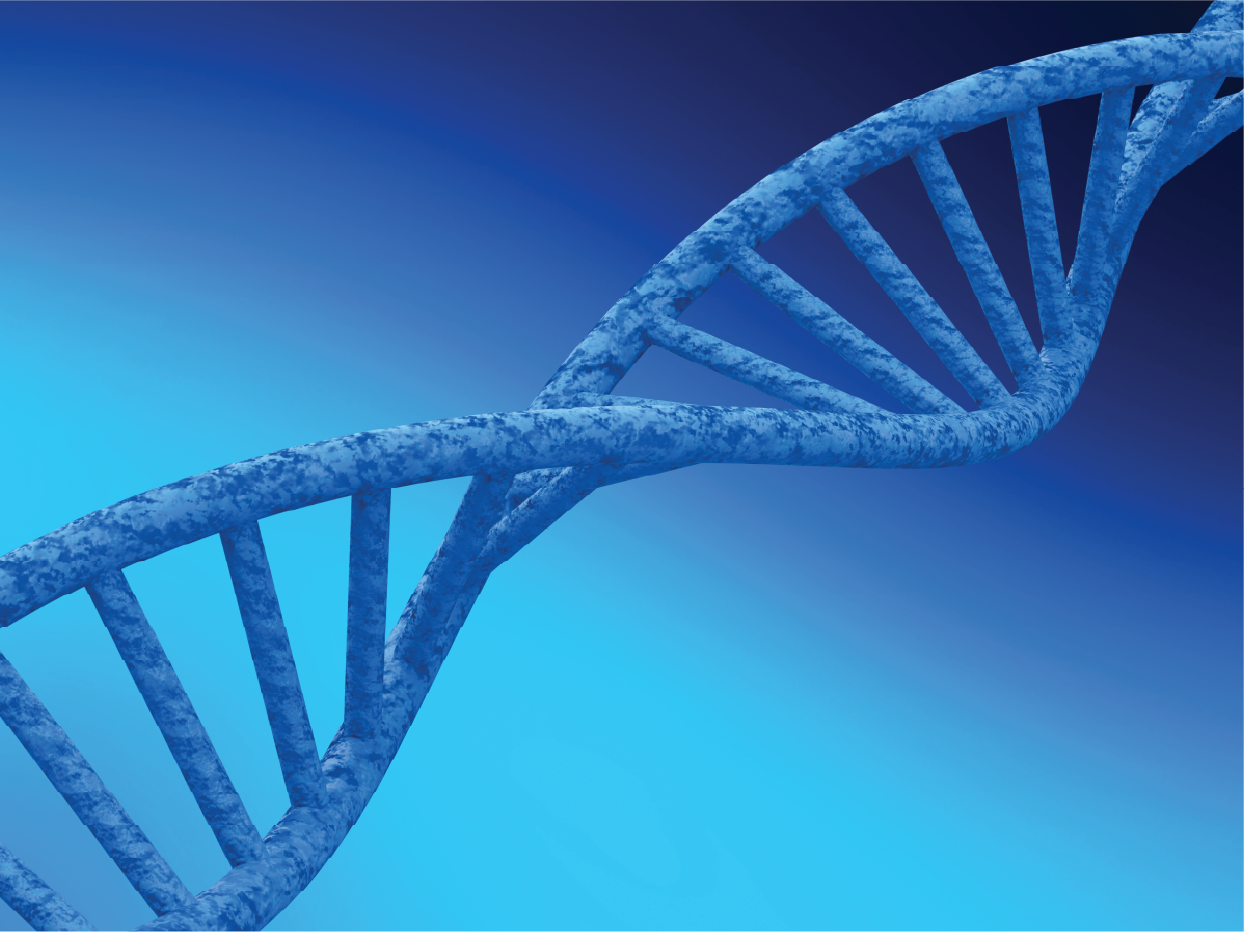 Digital illustration of a blue DNA double helix strand against a blue gradient background.