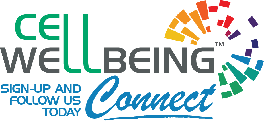 Cell Wellbeing's email listing logo. With colorful texts that read out sign-up and follow us today.