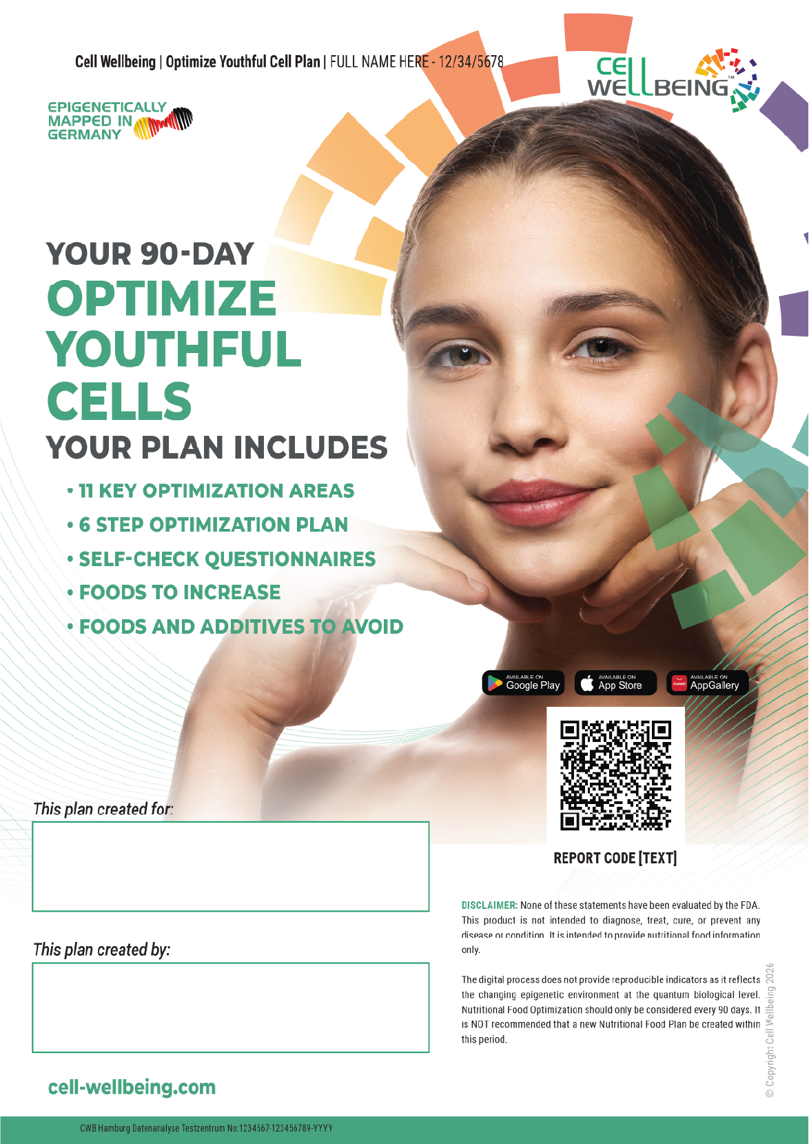 Poster promoting a 90-day plan to optimize youthful cells, featuring a woman with a confident expression, colorful geometric designs, and logos for cell wellbeing apps available on Google Play, App Store, and AppGallery.
