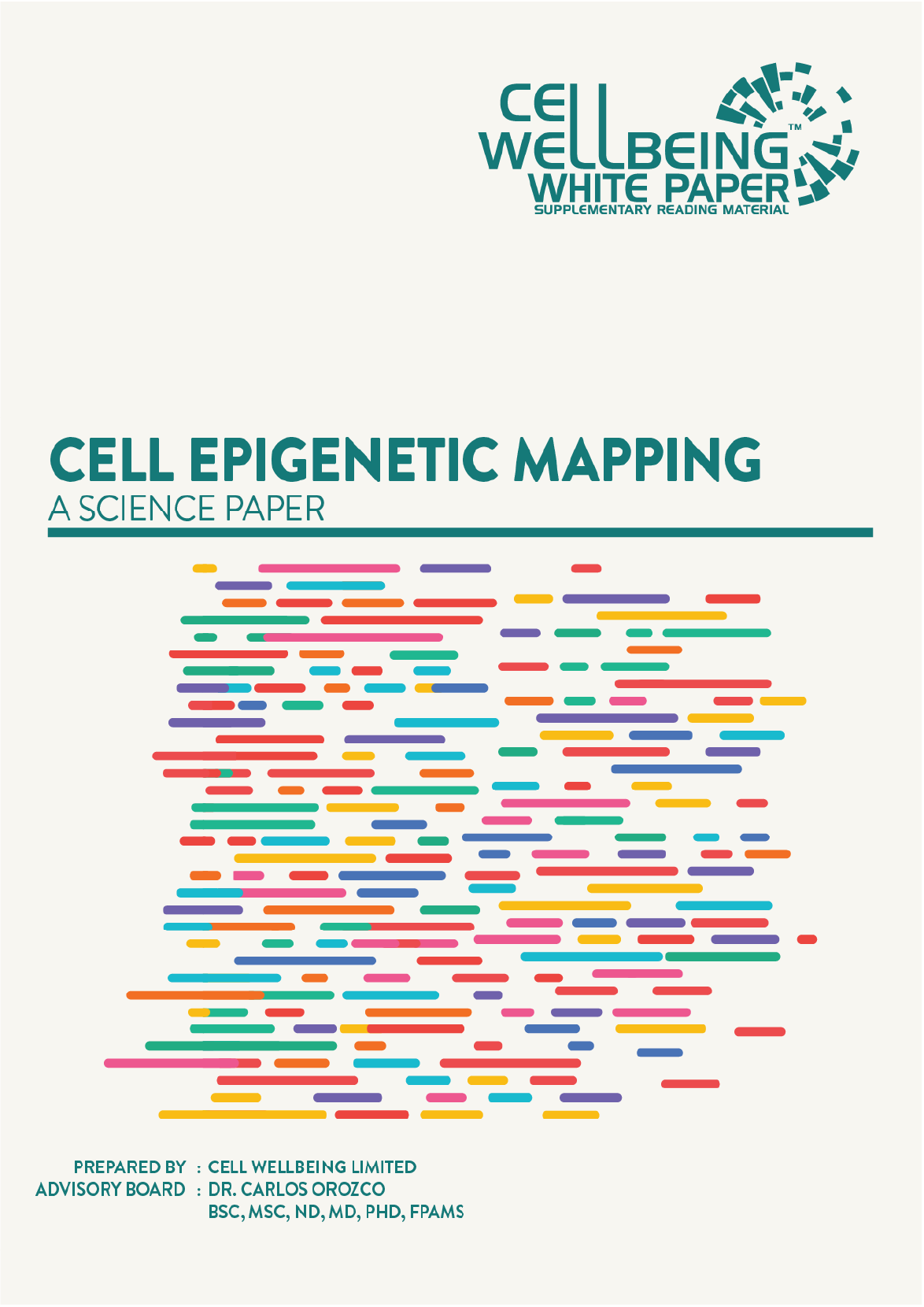 Cover page of a science paper titled 'Cell Epigenetic Mapping' with colorful lines beneath the title, logo of Cell Wellbeing White Paper at the top right, and author information at the bottom.