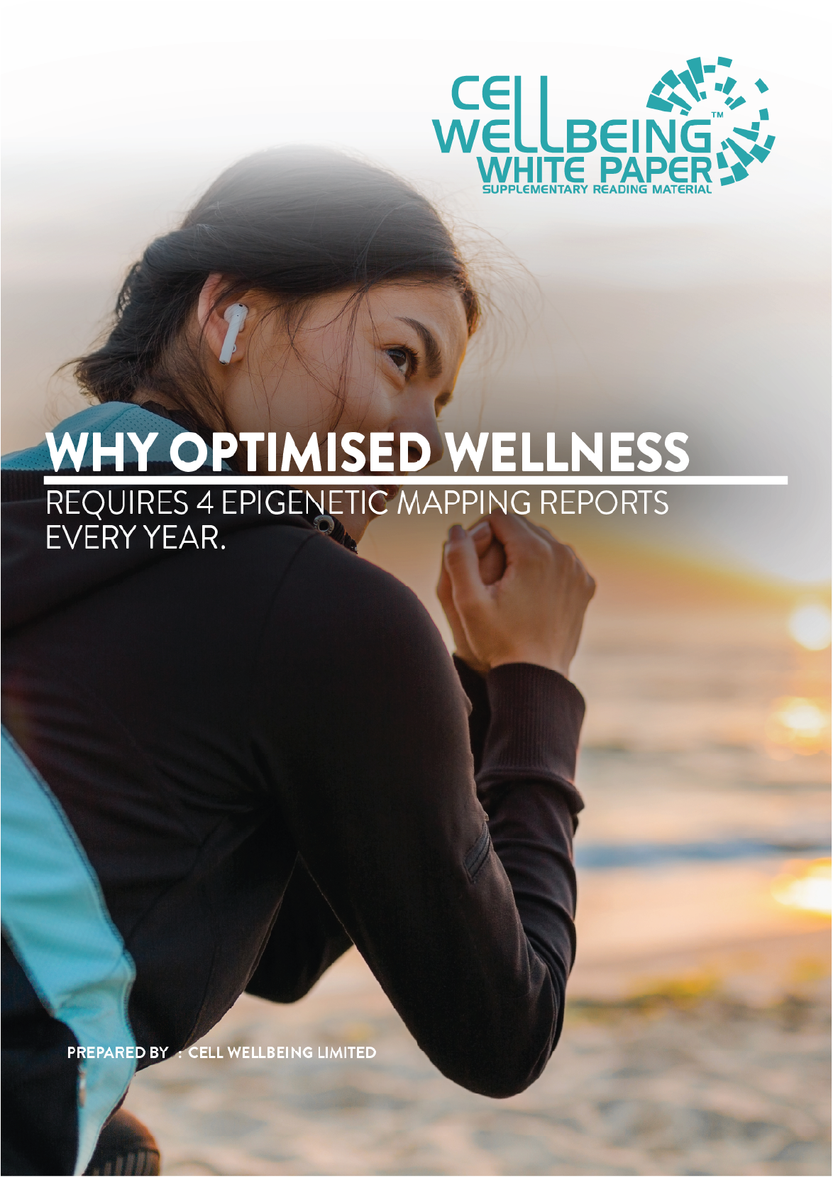 Cover image for Cell Wellbeing White Paper featuring a woman with earbuds near a body of water at sunset, emphasizing wellness and epigenetic health reporting.