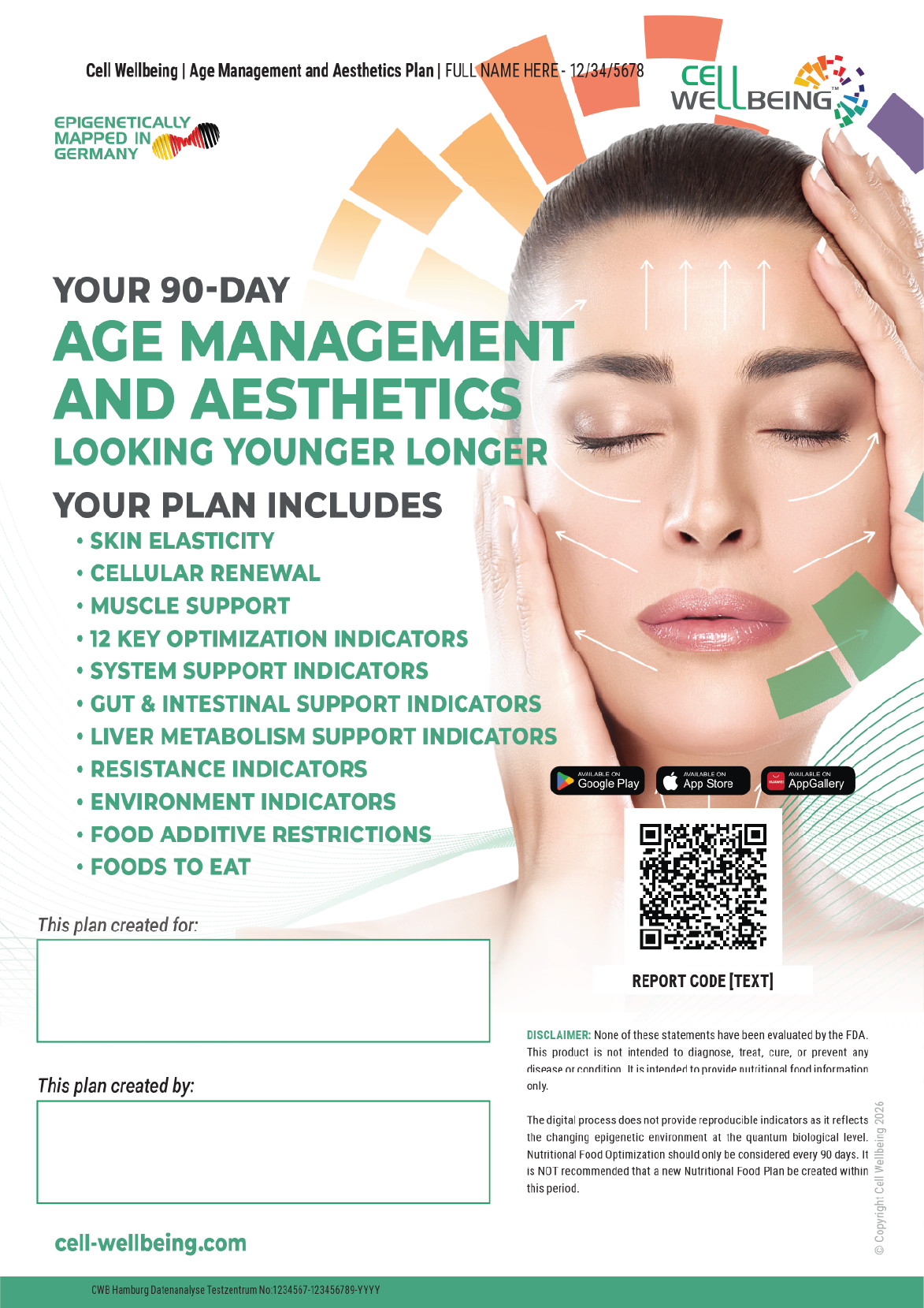 A promotional poster for a 90-day age management and aesthetics plan by Cell Wellness, featuring a woman with eyes closed and hands on her temples, with white arrows indicating facial lifting and contouring. The poster includes information about the plan's components, digital download options, a QR code, and the website cell-wellbeing.com.