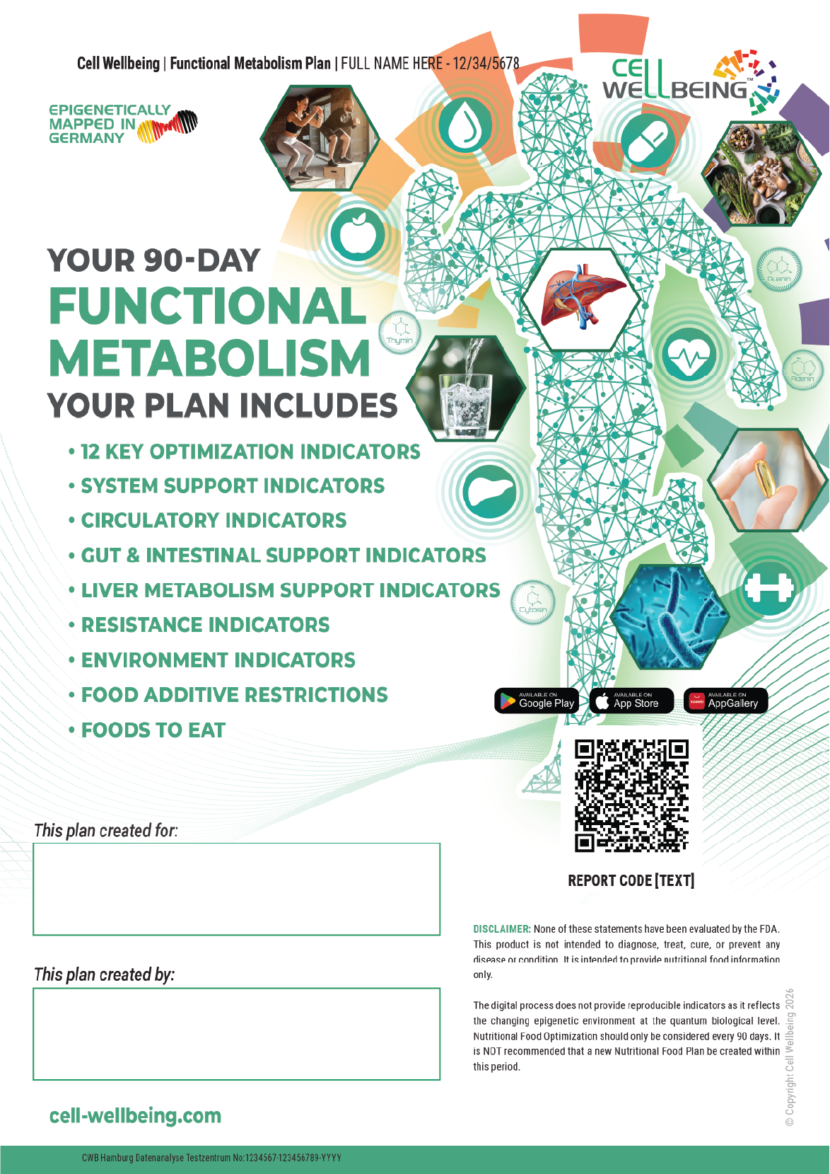 Infographic-style digital illustration of a human figure in a network of interconnected lines, featuring icons related to health, wellness, diet, exercise, and medical indicators, promoting a 90-day functional metabolism plan.