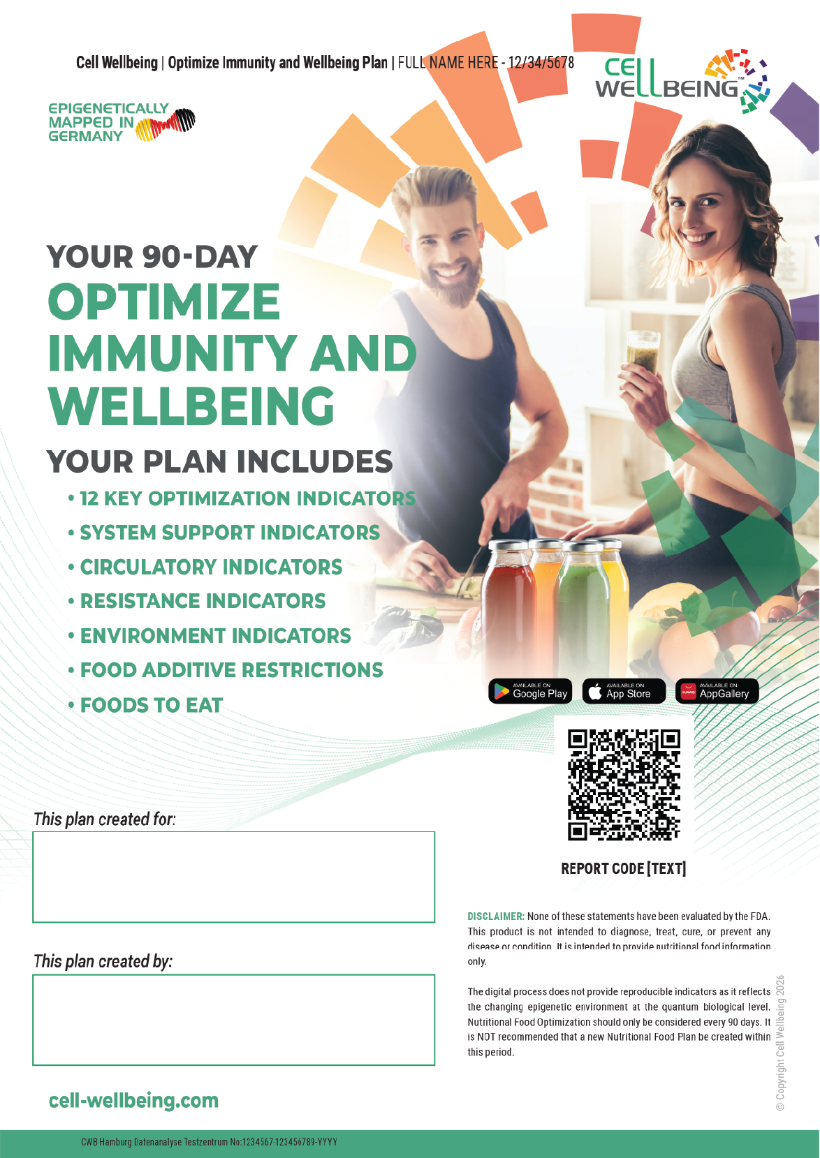 A promotional poster for a 90-day health plan focused on optimizing immunity and wellbeing, featuring a smiling man and woman in a kitchen, with jars of colorful smoothies and fresh vegetables on the counter.