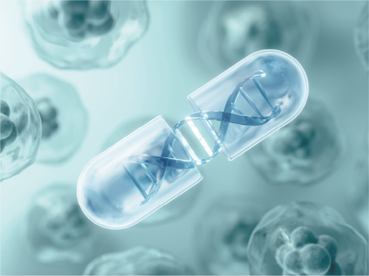 Digital illustration of a capsule containing a DNA double helix inside, with several other capsules in the background.