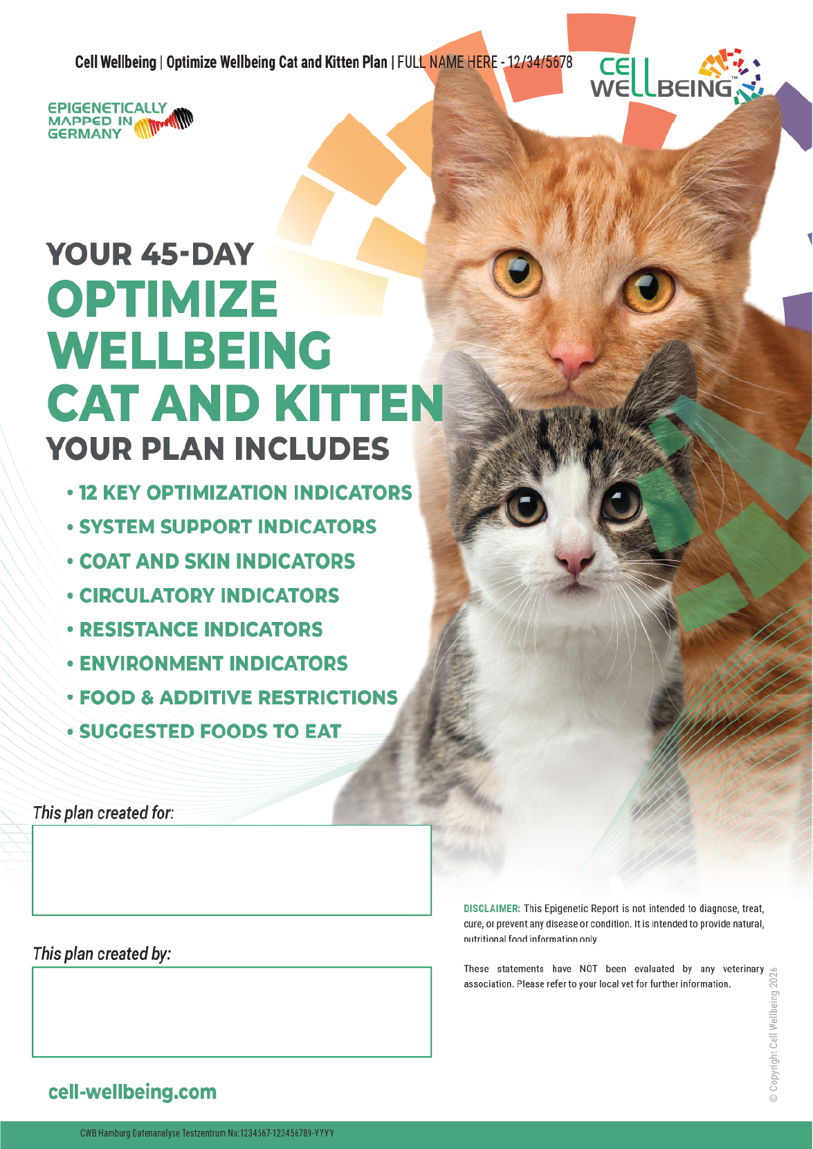 A 45-day wellness plan poster for cats and kittens featuring two cats, one orange and one gray and white, with graphic design elements and informational text.