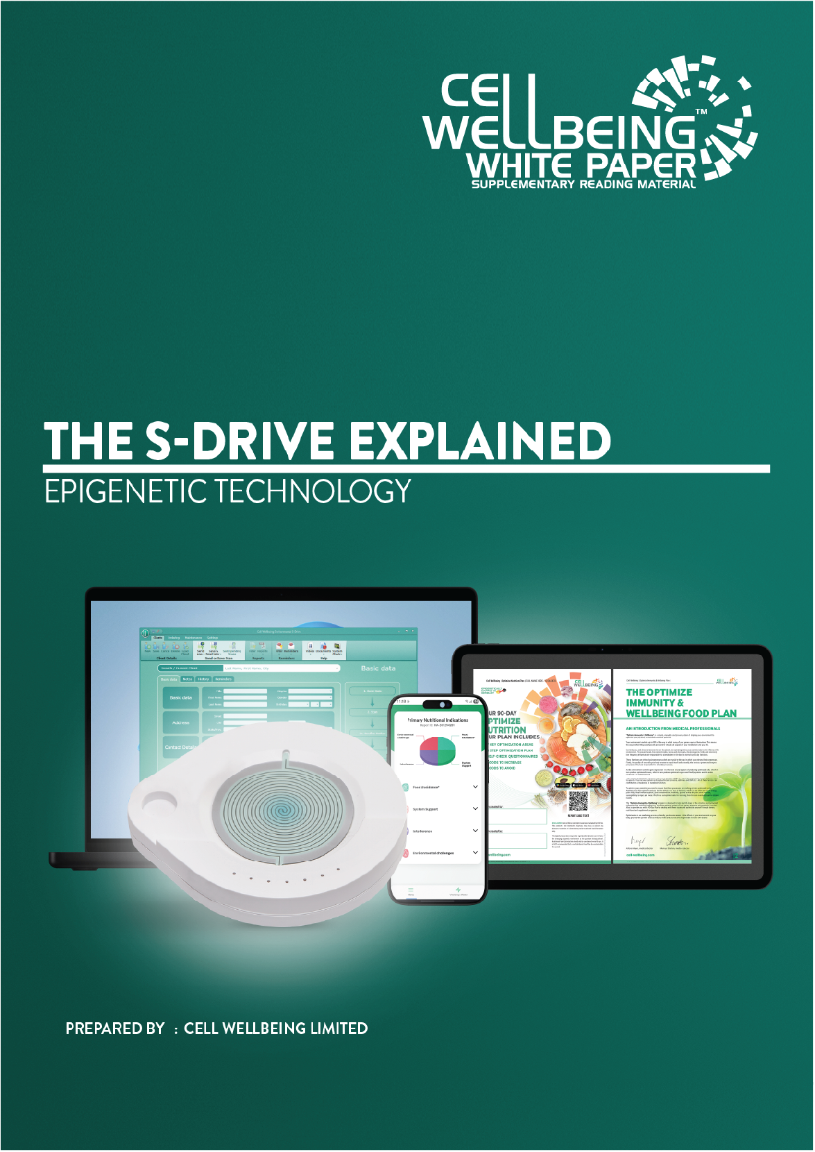Cover of a booklet titled "The S-Drive Explained" about epigenetic technology, showing a laptop, smartphone, and tablet with health and wellness information, prepared by Cell Wellbeing Limited.