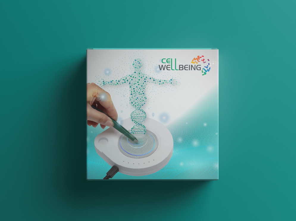 A box for a health-related device featuring a digital illustration of a human figure made of dots and DNA strands, with a hand inserting a stylus into a circular sensor, emphasizing cell well-being.