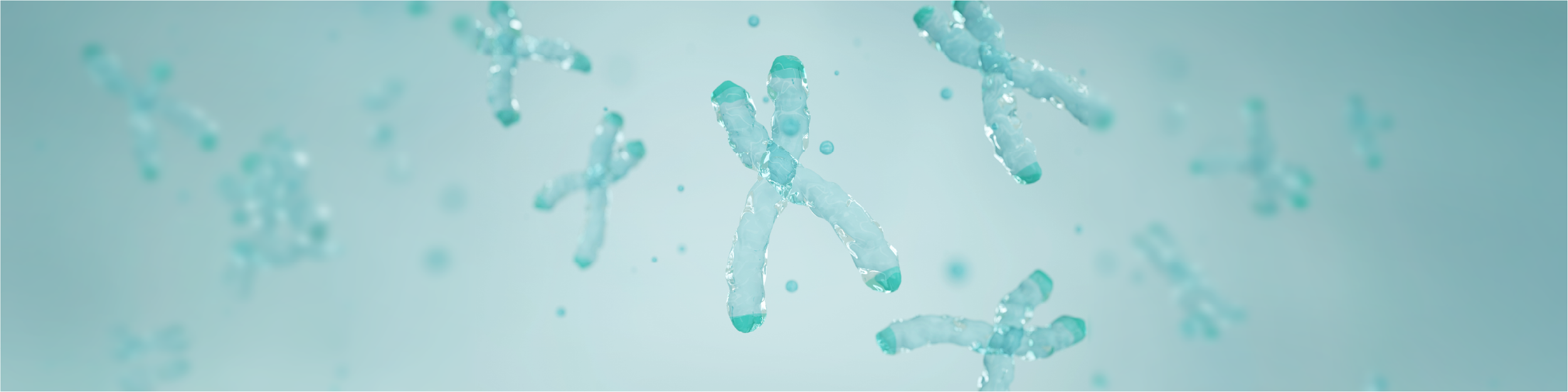 Close-up of a cluster of floating blue X-shaped molecules or germs suspended in a light blue background.