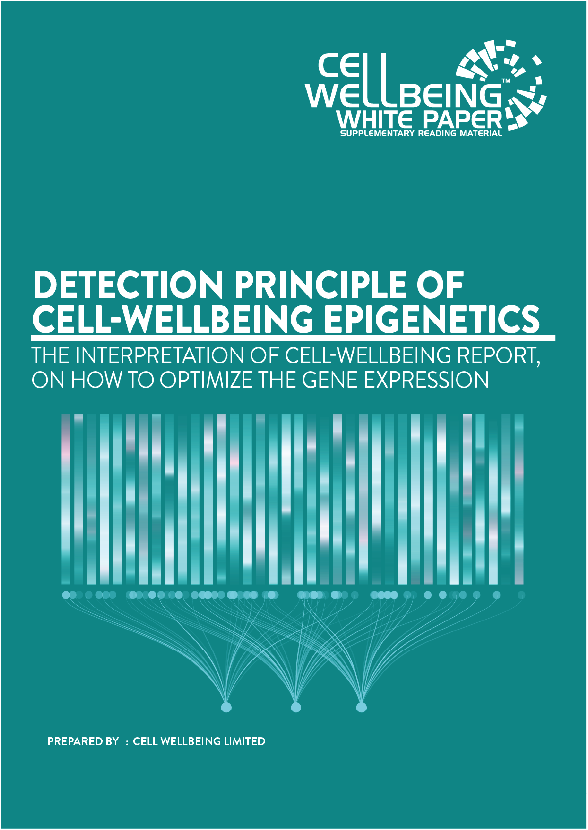 Cover page of a report titled "Detection Principle of Cell-Wellbeing Epigenetics" and includes barcode graphics and a logo reading "Cell Wellbeing White Paper".