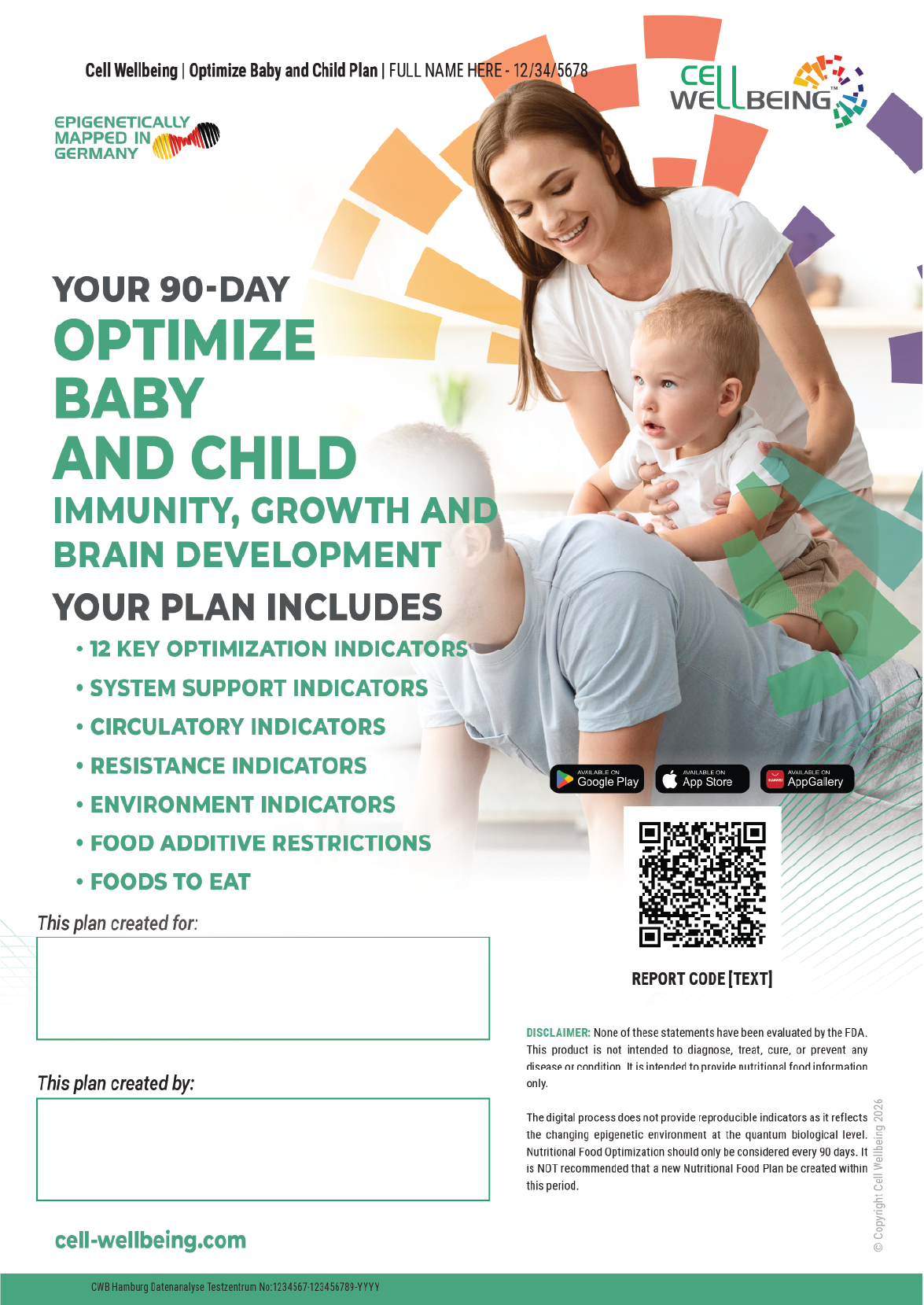A woman smiling and playing with two young children on a bed. The image is part of a promotional flyer about a 90-day plan to optimize baby and child health, including immunity, growth, and brain development. The flyer features colorful graphic elements, a logo, and information about the plan's components such as key indicators, system support, circulation, resistance, environment, food restrictions, and foods to eat. There are app icons for Google Play, Apple App Store, and AppGallery, along with a QR code and website link.