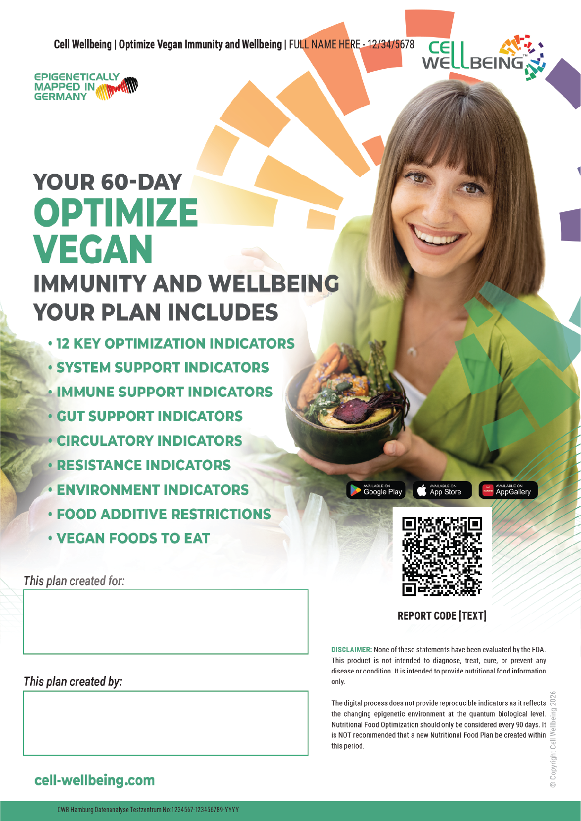 A promotional poster for a 60-day vegan health and wellbeing plan. It features a smiling woman holding a bowl of vegan food, with colorful graphs and icons around her. Text highlights key indicators such as immune support, gut health, and environmental factors, along with app download options and a QR code.