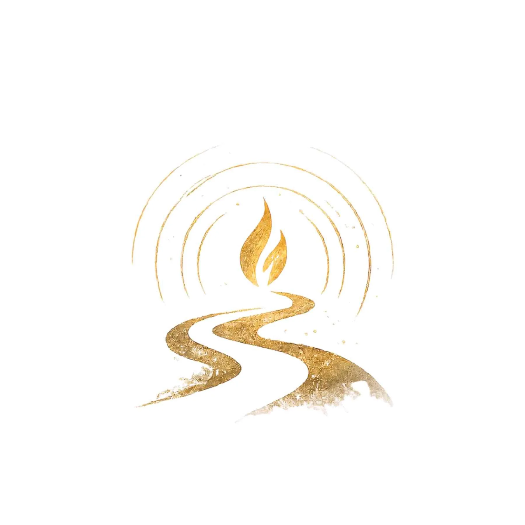 A stylized golden flame with concentric circles radiating outward and a winding path leading to the flame, all set against a white background.