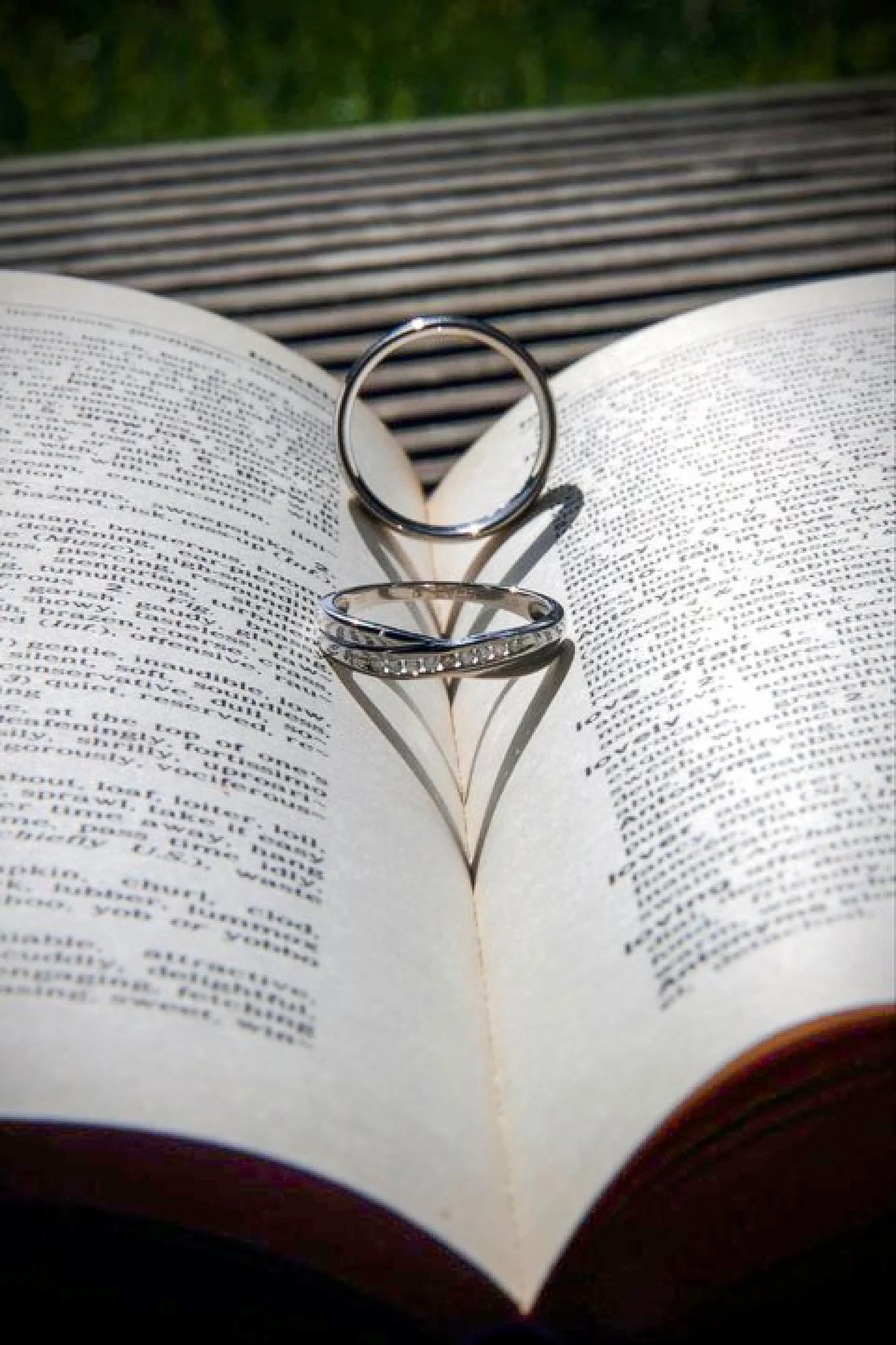 Open book with two silver rings and their shadows shaped like hearts.