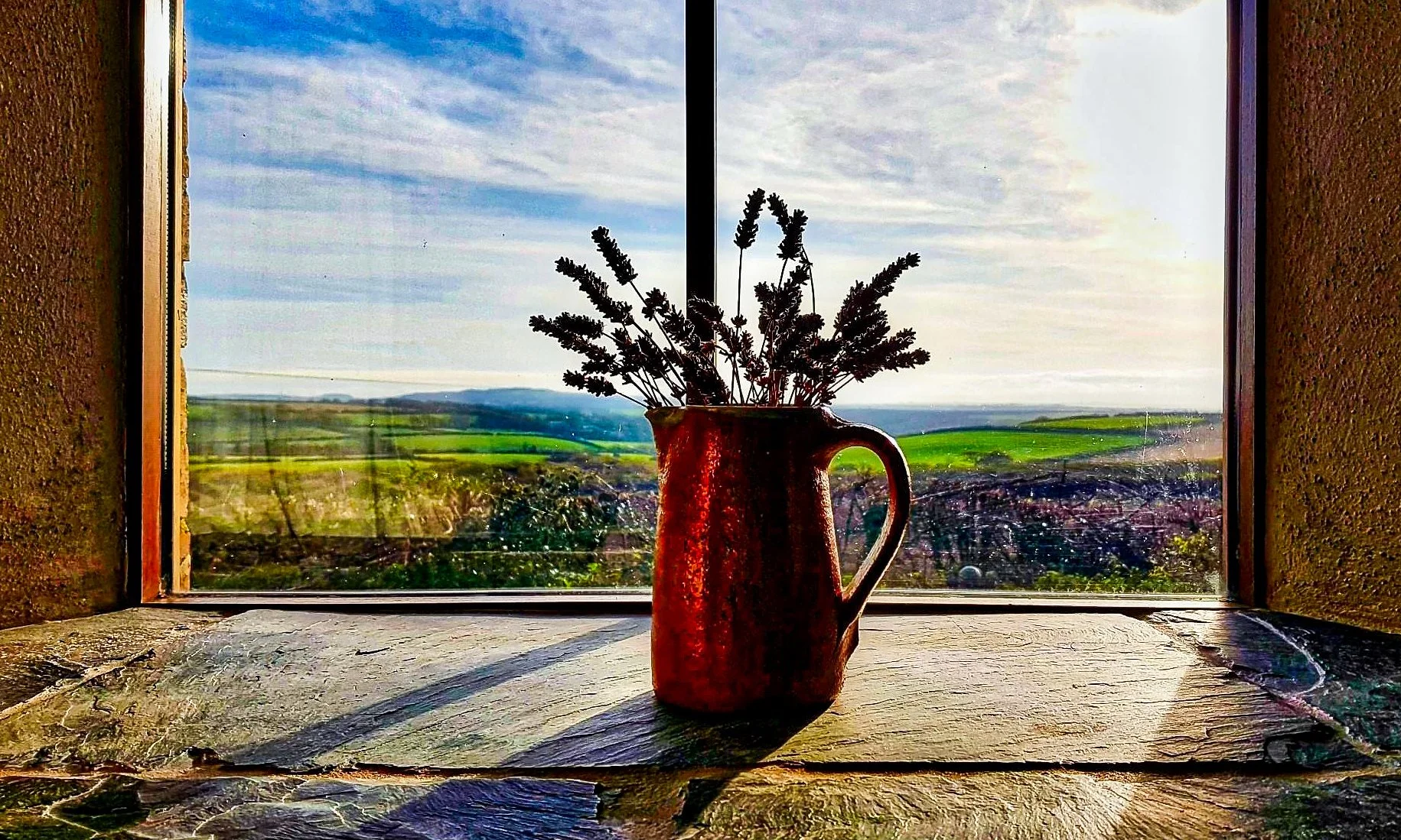 A ceramic pitcher filled with dried lavender, placed on a windowsill with a scenic view of rolling green hills and blue skies outside.