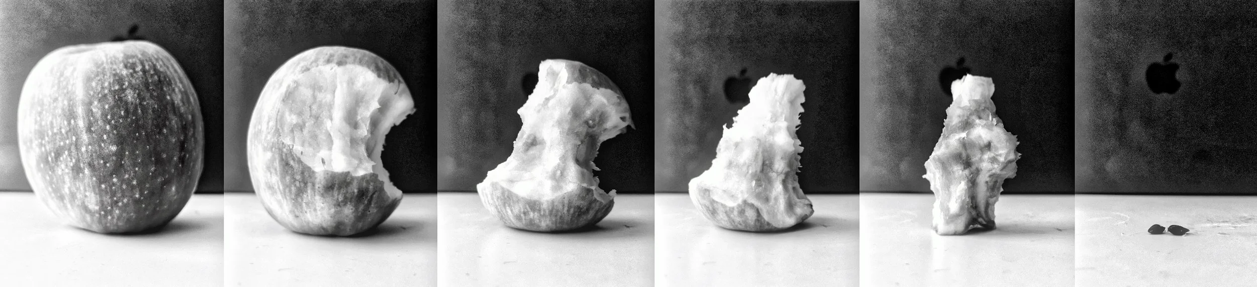Progression of an apple from whole to eaten, shown in six black-and-white photos.