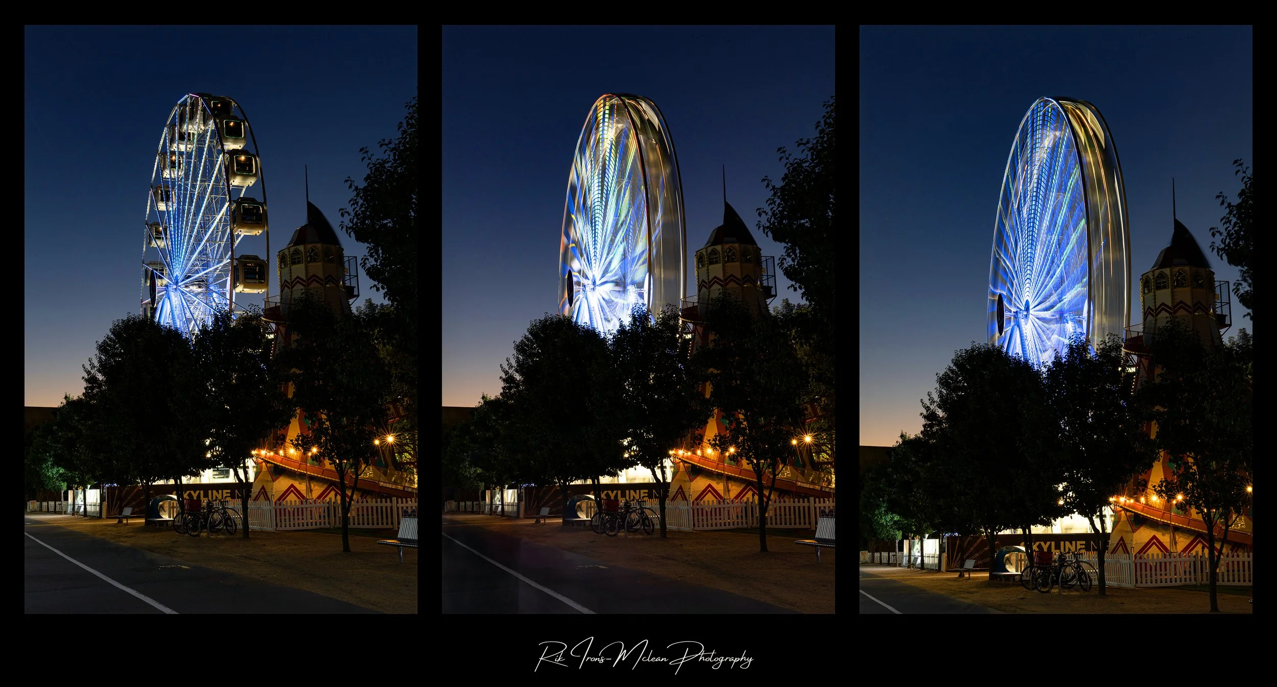 Nighttime image of a carnival ride with illuminated lights, visible in three different long-exposure shots showing the rotation of the ride.