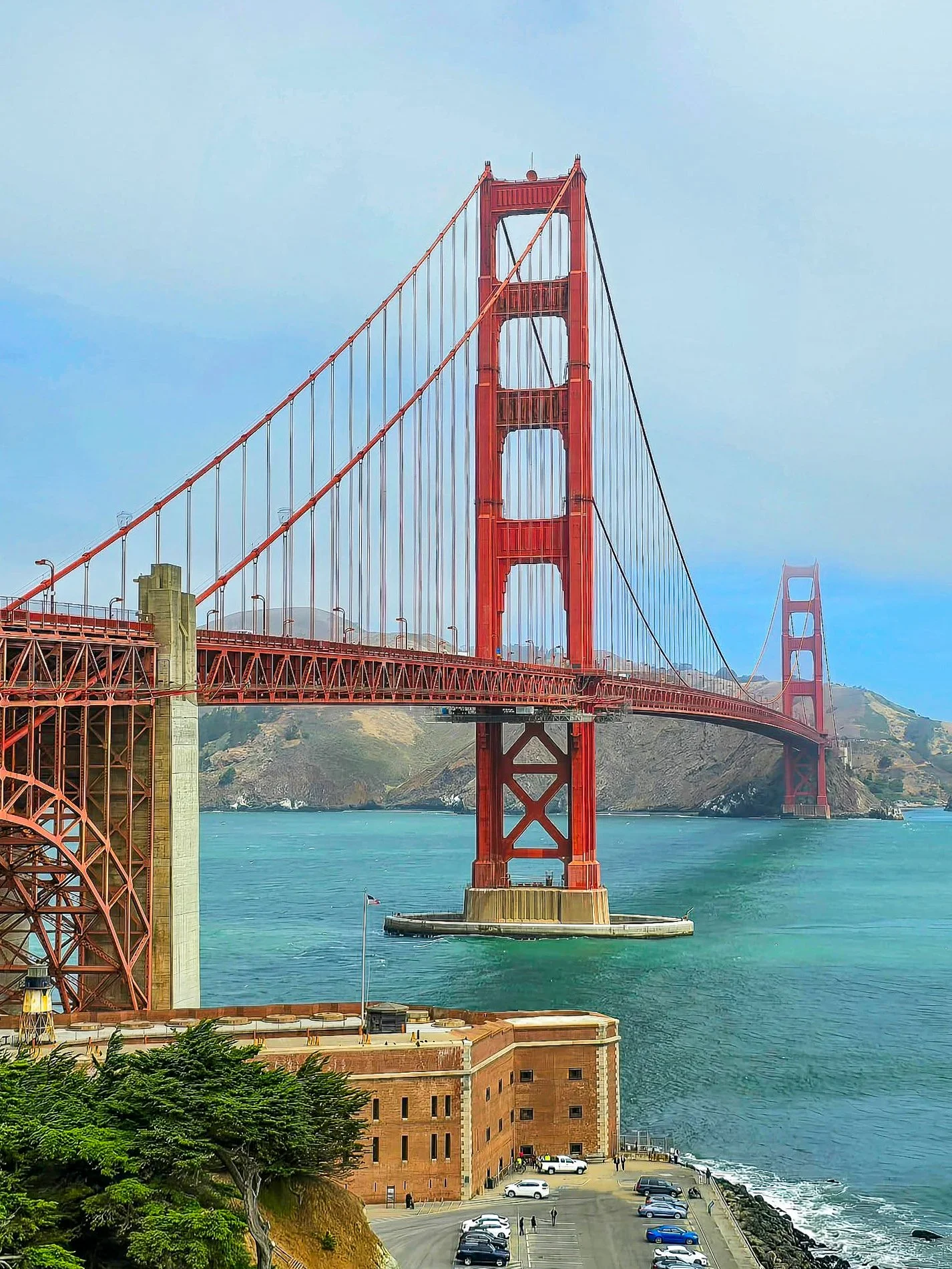 Golden Gate Bridge in San Francisco with a clear sky and blue water